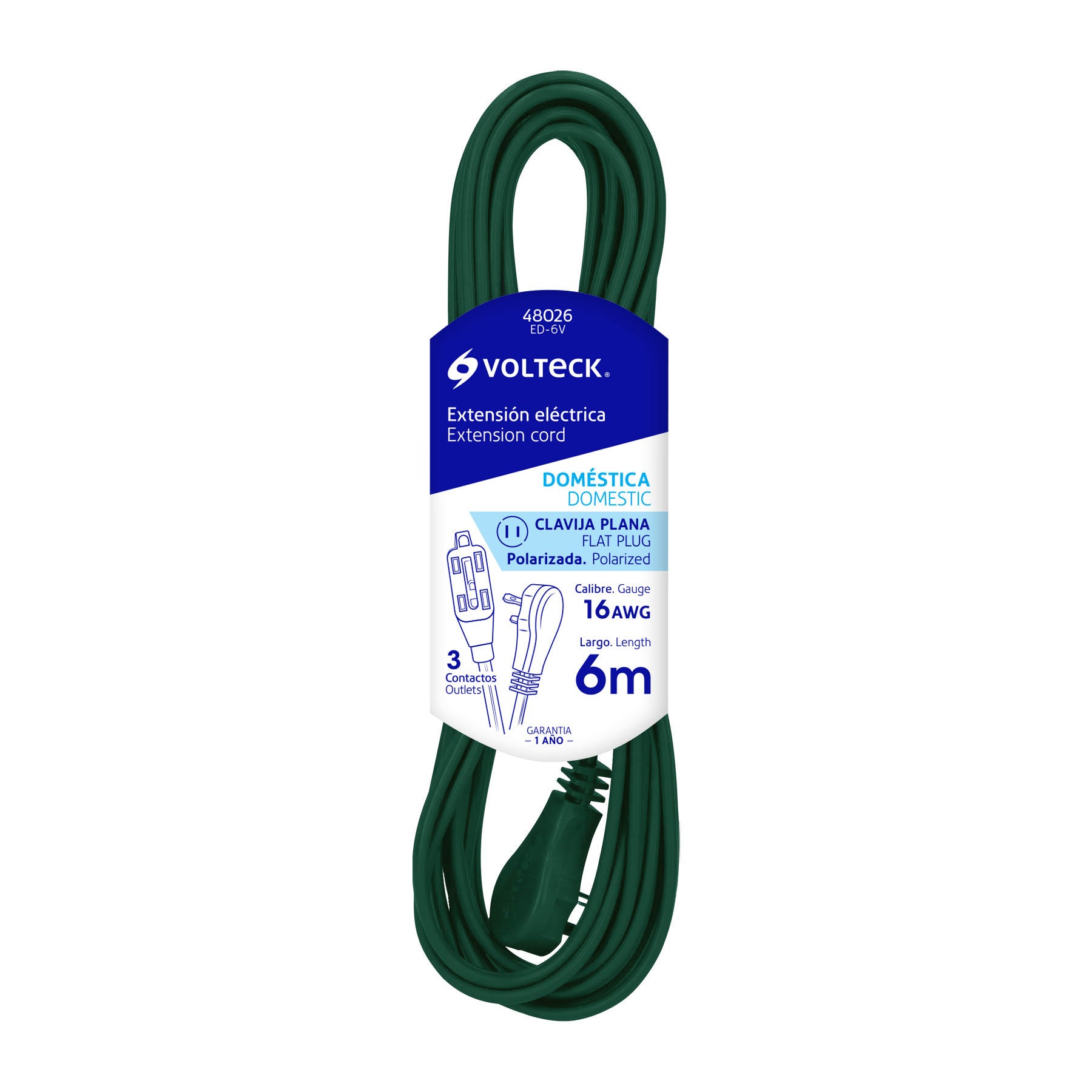 Extensión eléctrica doméstica, 6 m, verde, Volteck