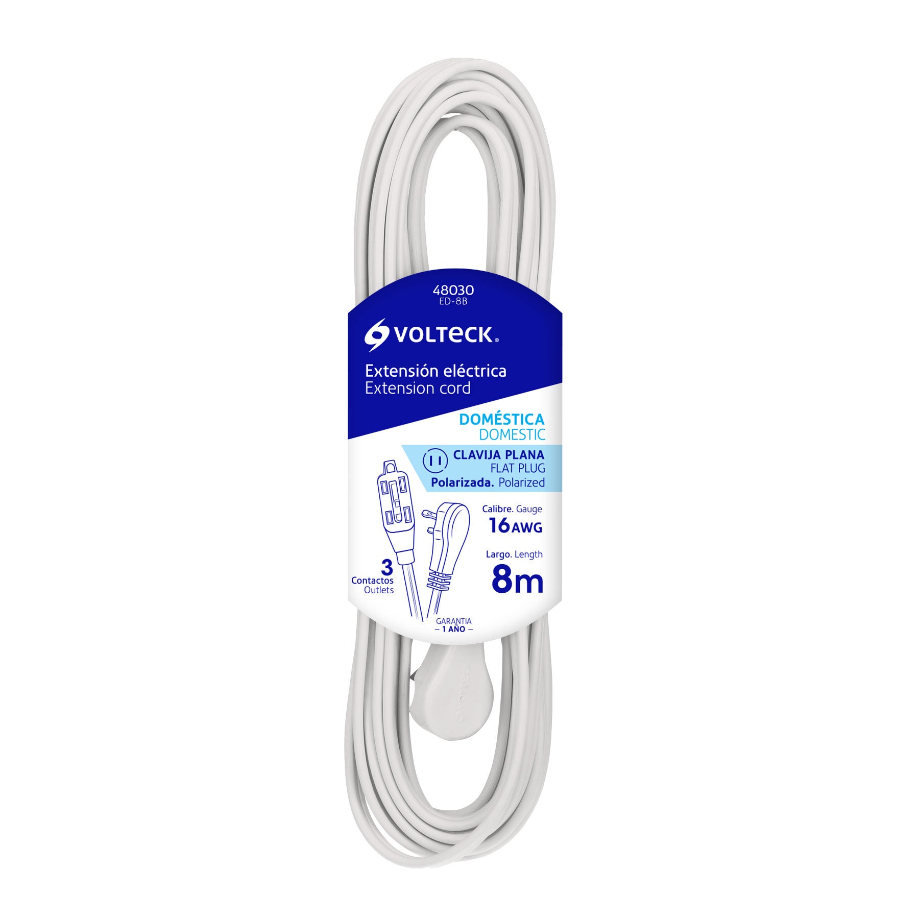 Extensión eléctrica doméstica, 8 m, blanca, Volteck
