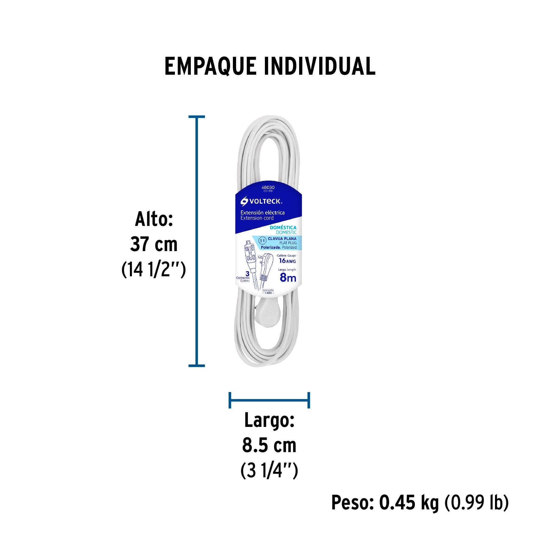 Extensión eléctrica doméstica, 8 m, blanca, Volteck