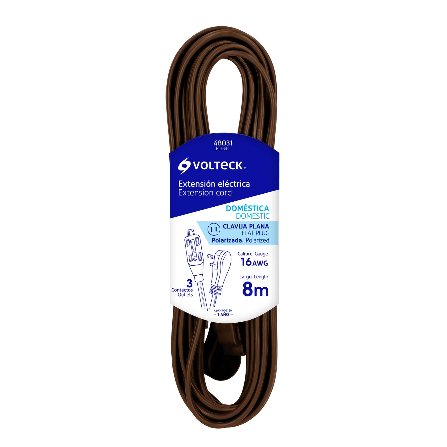 Extensión eléctrica doméstica, 8 m, café, Volteck