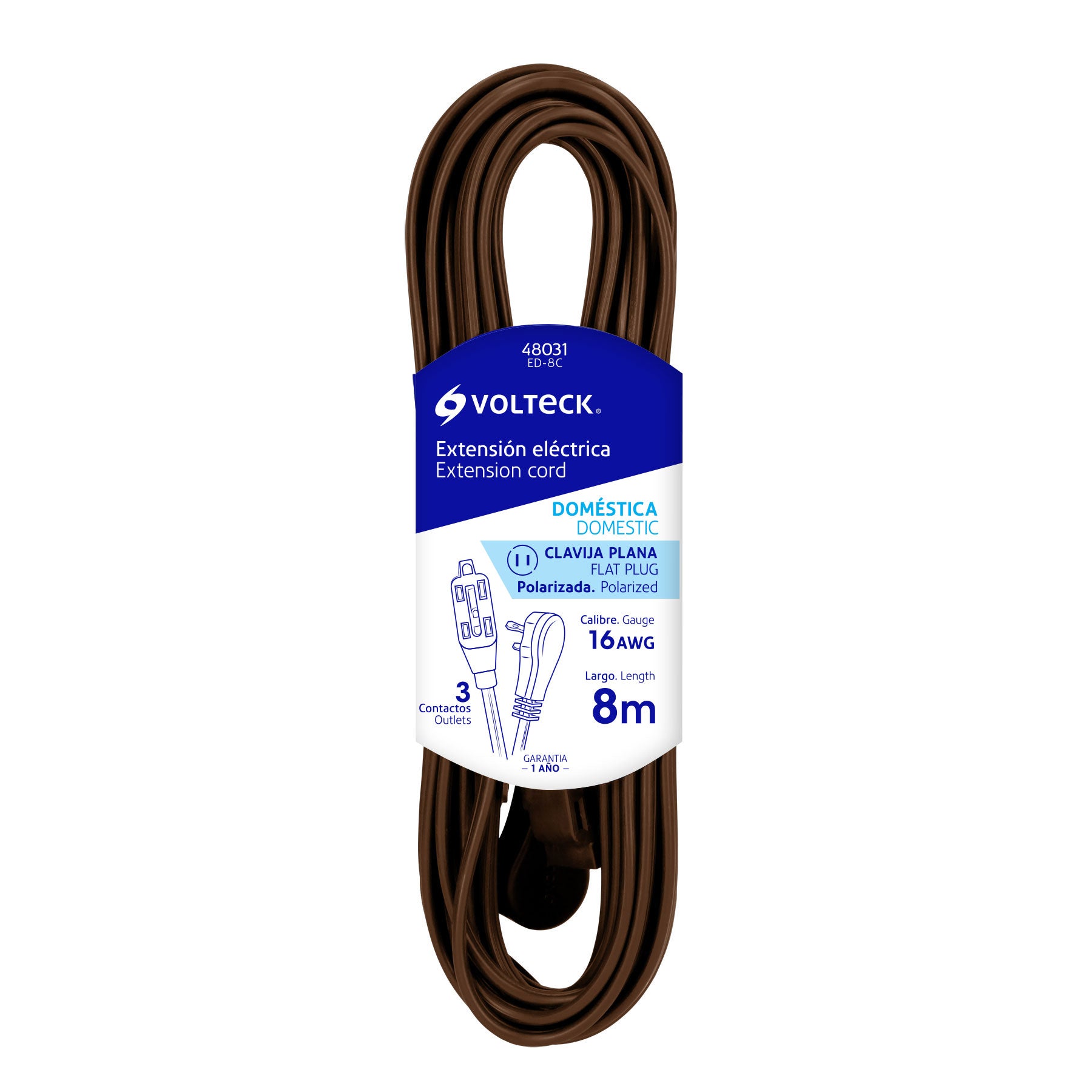 Extensión eléctrica doméstica, 8 m, café, Volteck