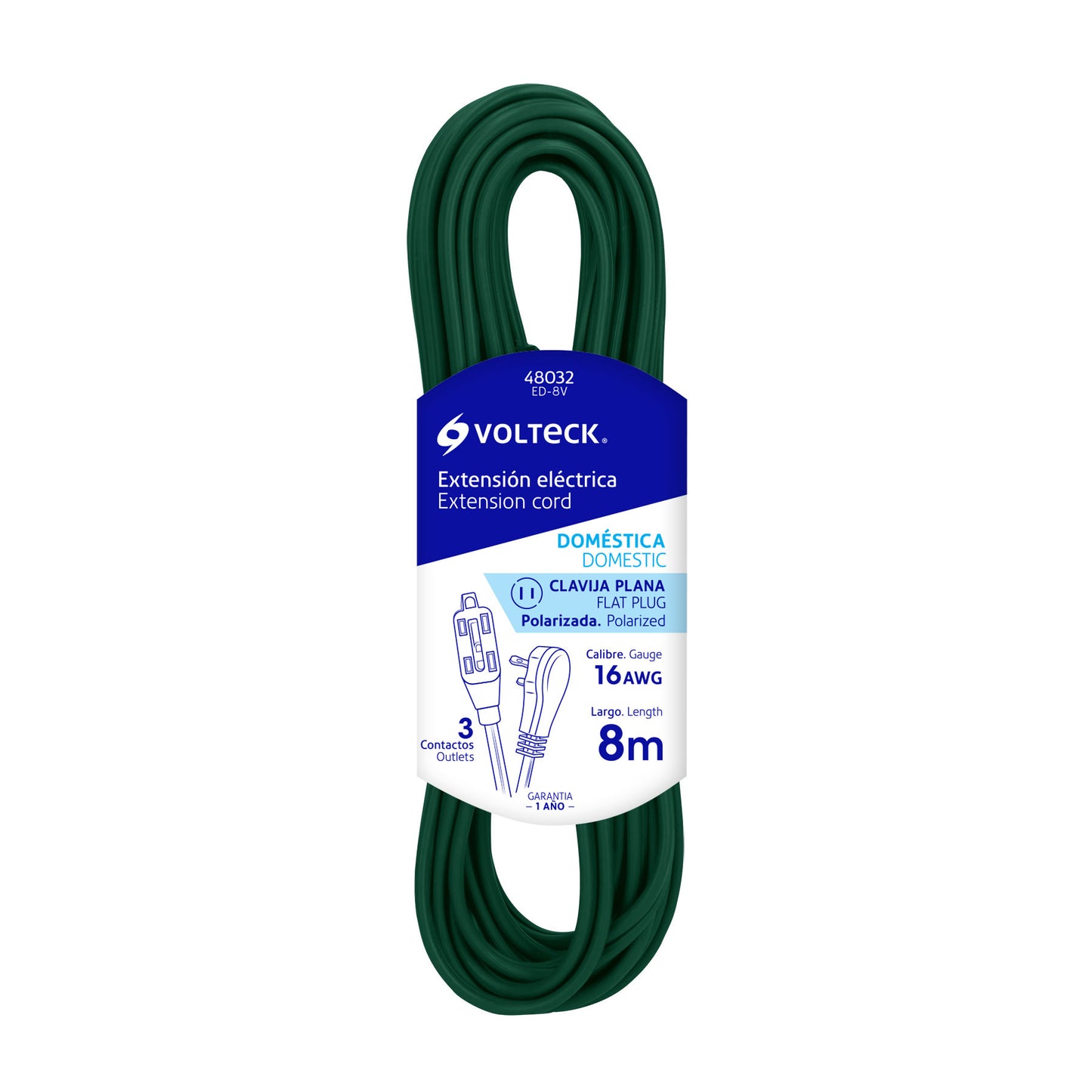 Extensión eléctrica doméstica, 8 m, verde, Volteck