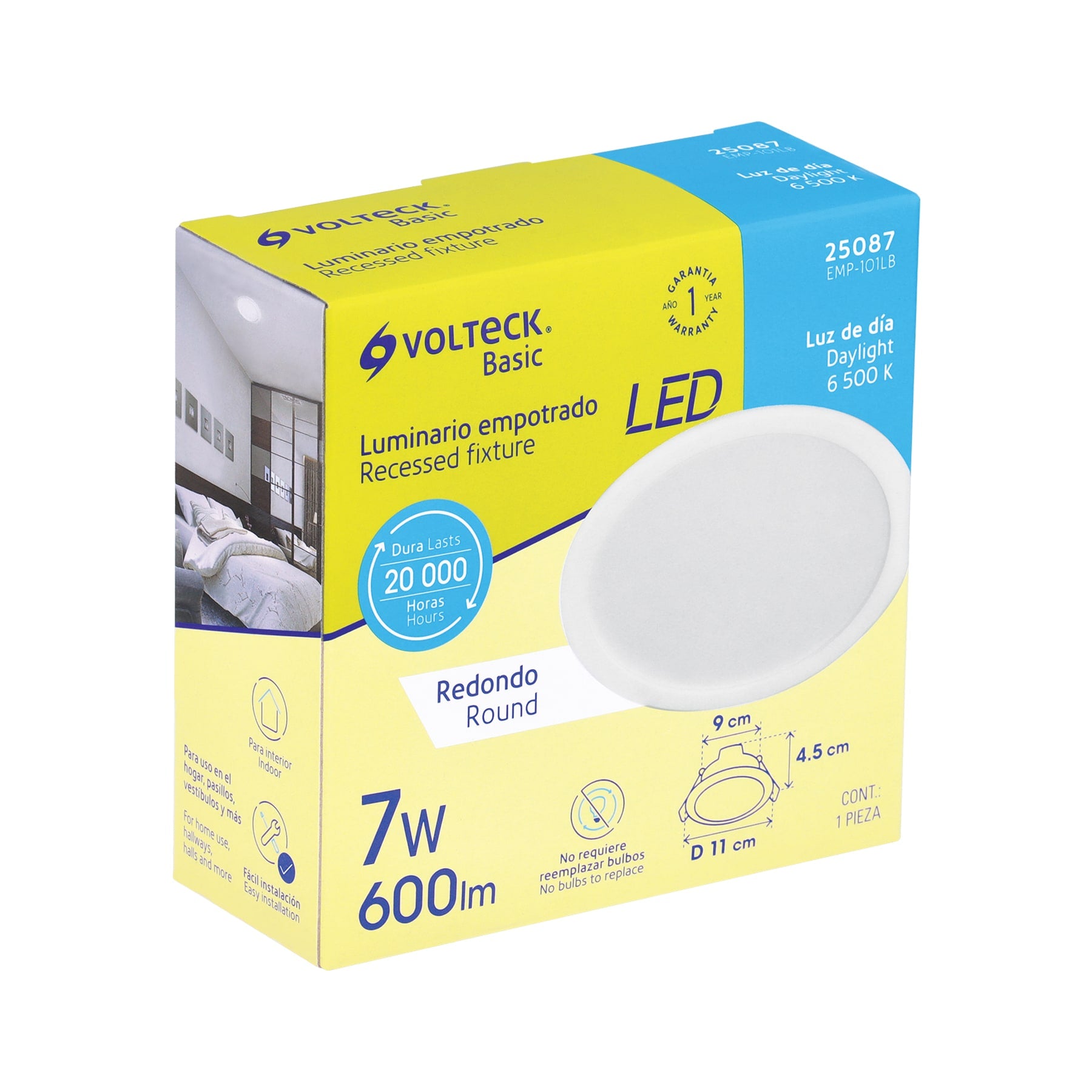 Luminario LED empotrado redondo, 7W, 6500K, Basic
