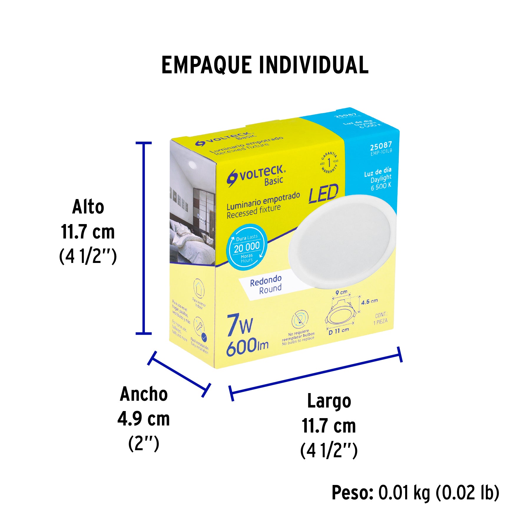 Luminario LED empotrado redondo, 7W, 6500K, Basic
