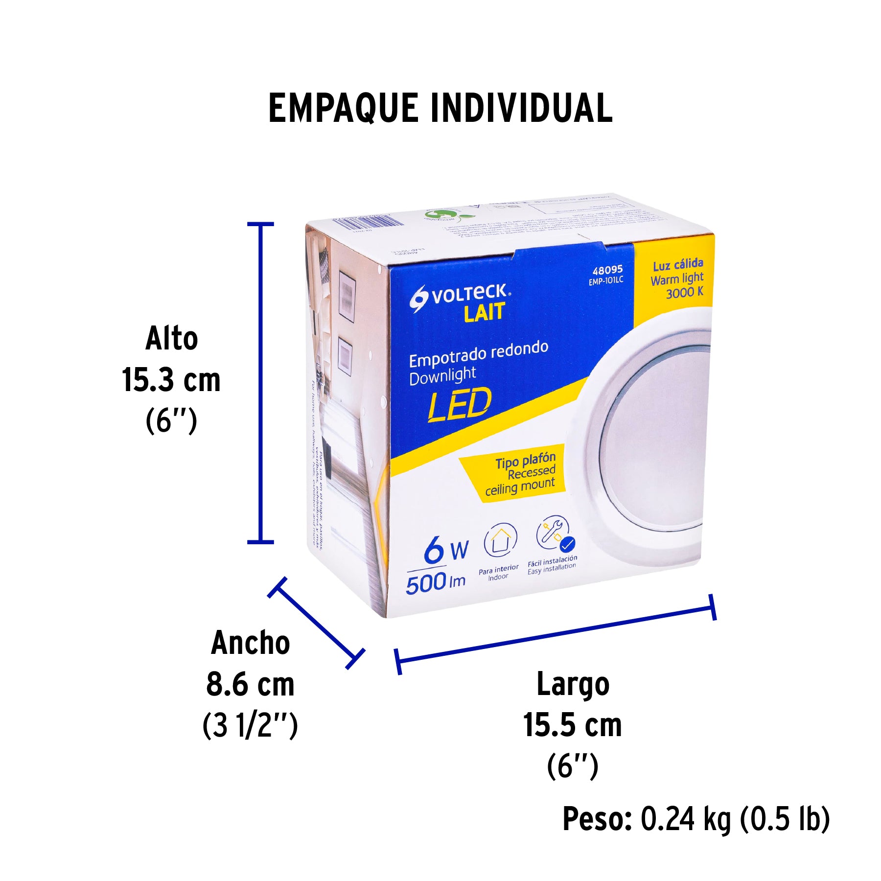 Luminario LED empotrado redondo 6 W, luz cálida