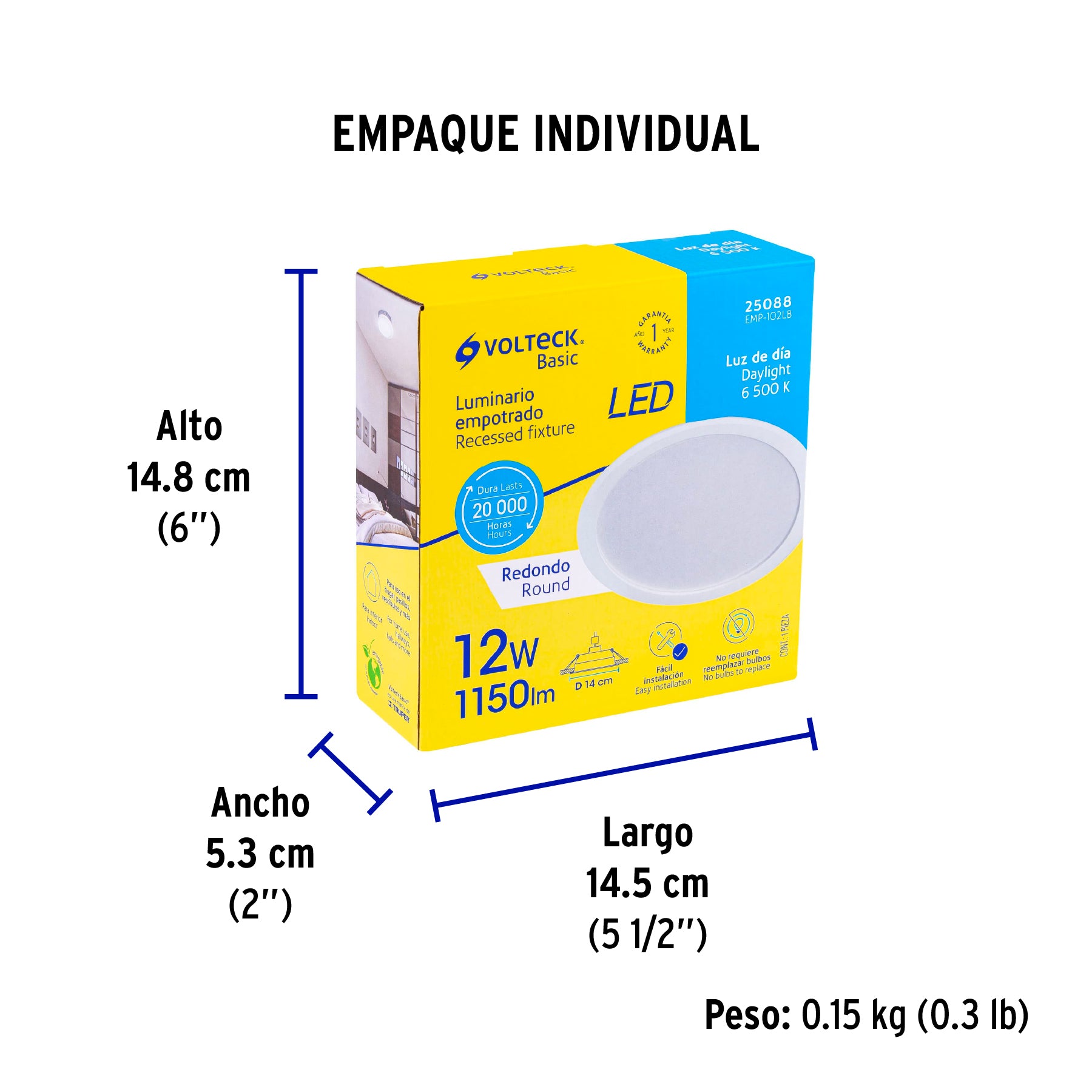 Luminario LED empotrado redondo, 12W, 6500K, Basic