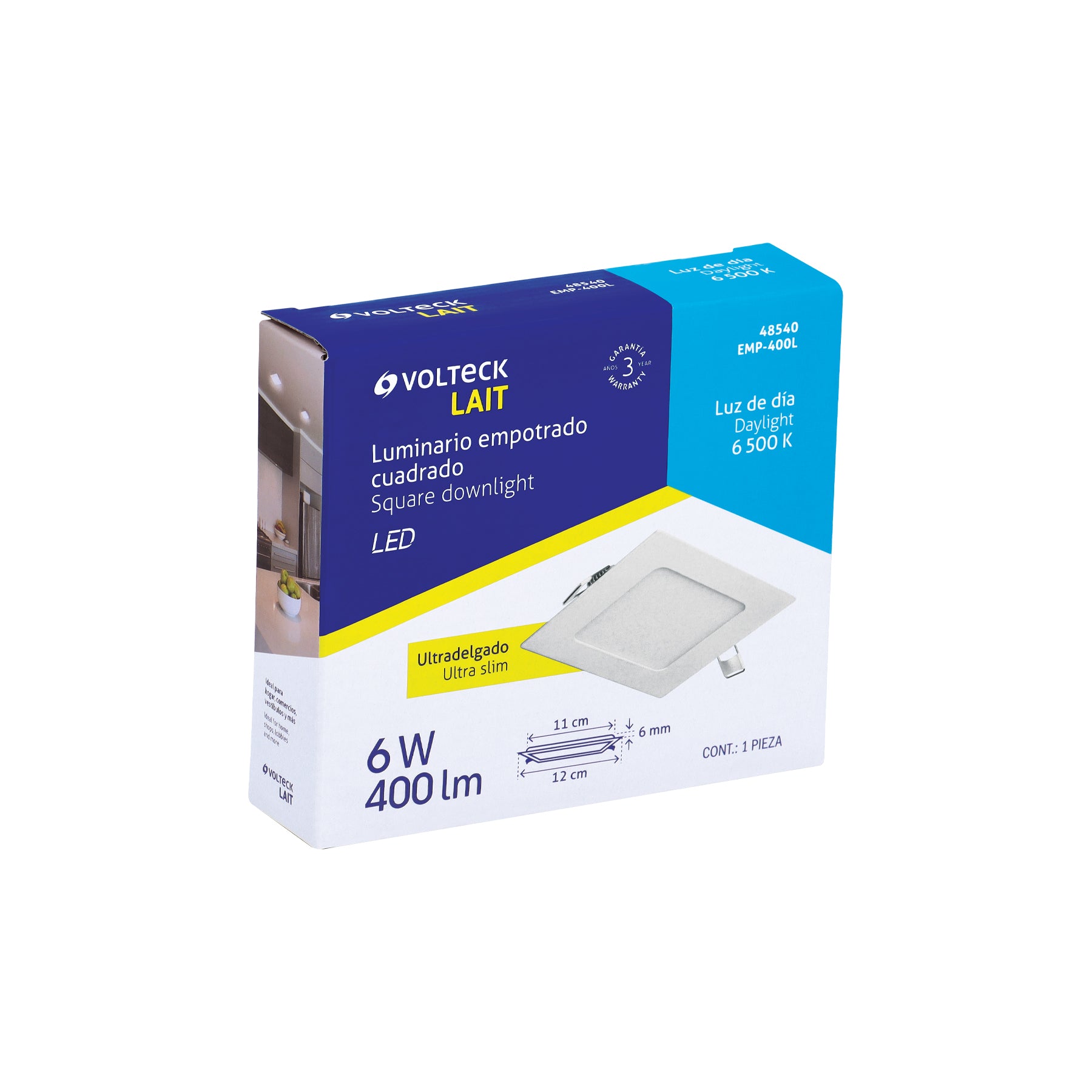 Luminario led slim de empotrar cuadrado, 6500K, 6W