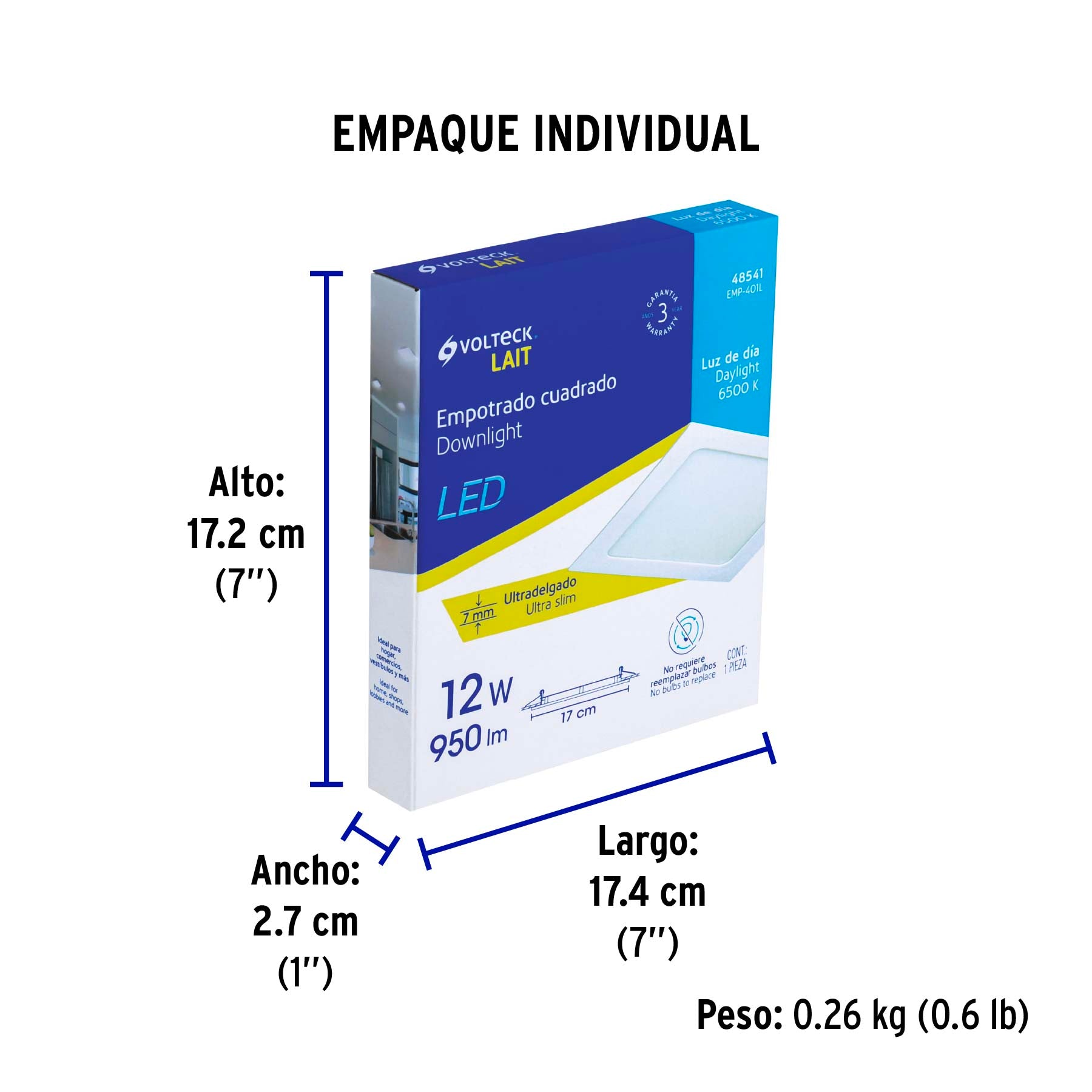 Luminario led slim de empotrar cuadrado, 6500K, 12W