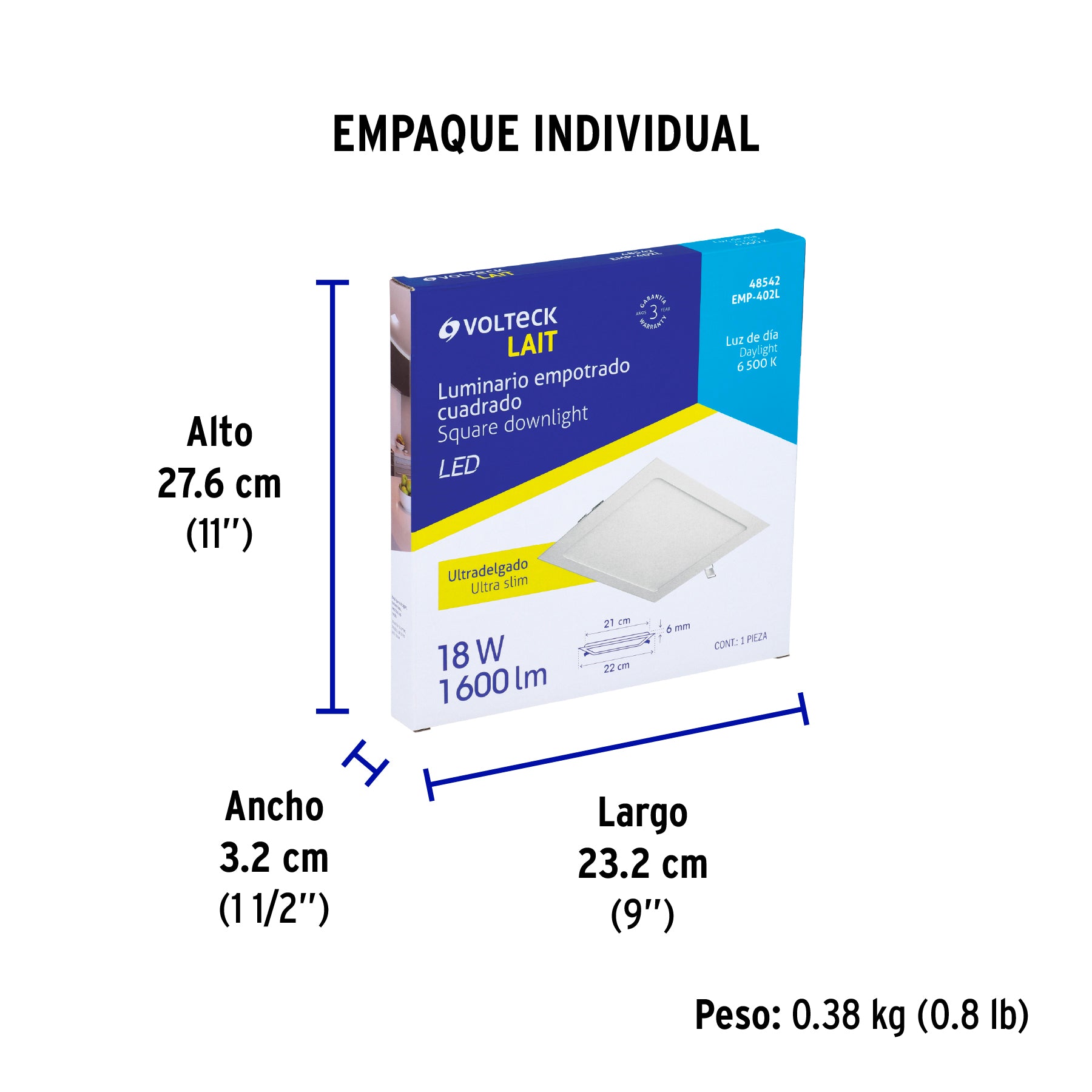Luminario led slim de empotrar cuadrado, 6500K, 18W