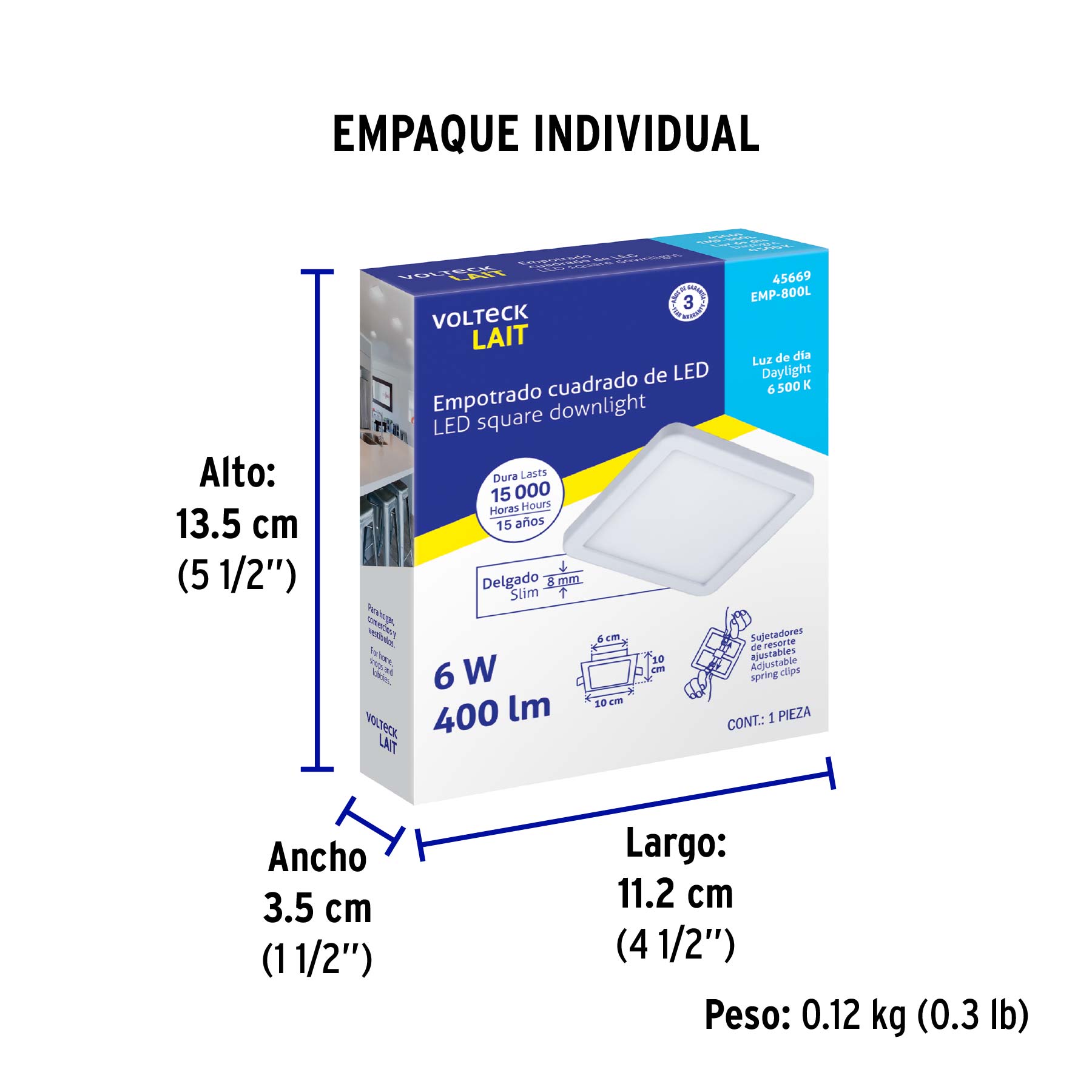 Luminario LED empotrable ajustable 6 W, cuadrado, luz de día