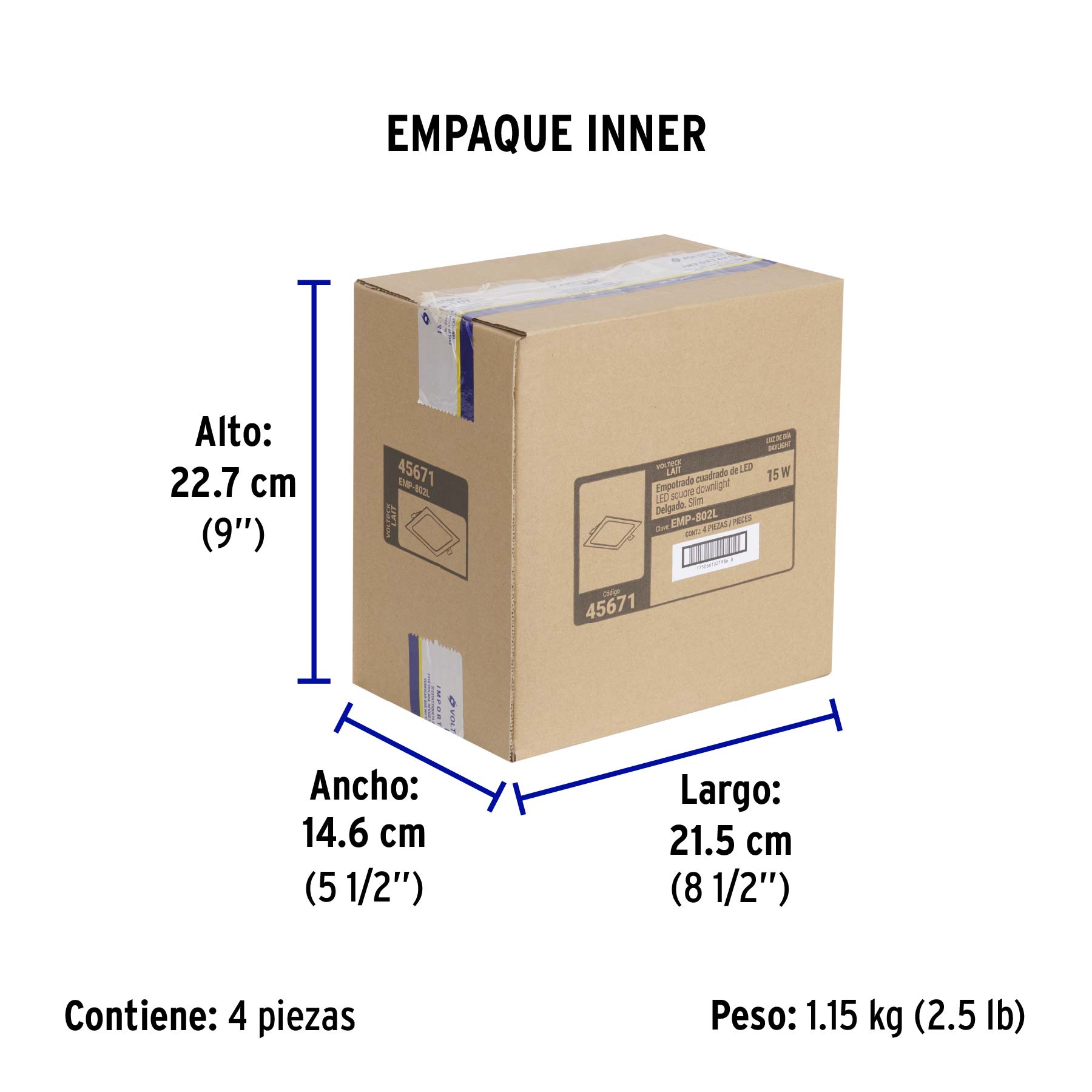 Luminario LED empotrable ajustable 15 W, cuadrado luz de día