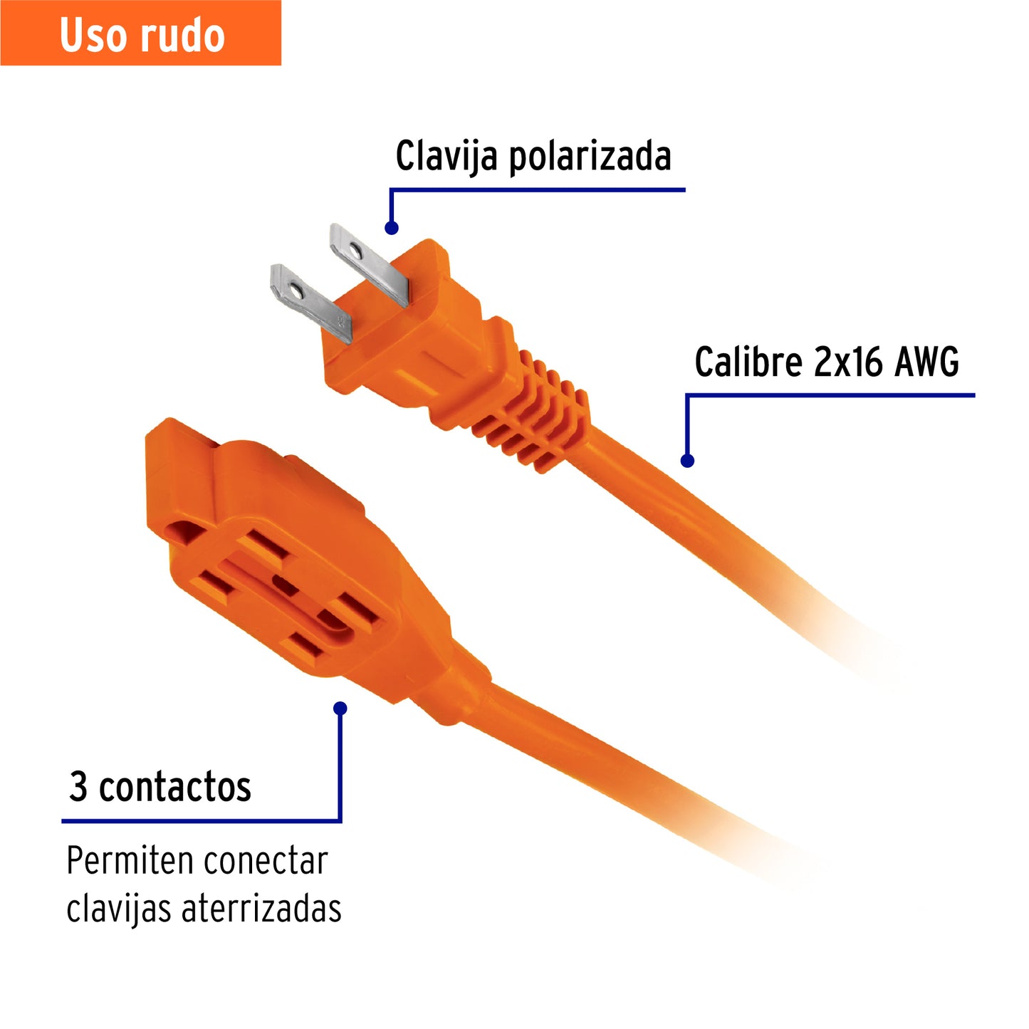 Extensión eléctrica uso rudo, 10 m, calibre 16, Volteck