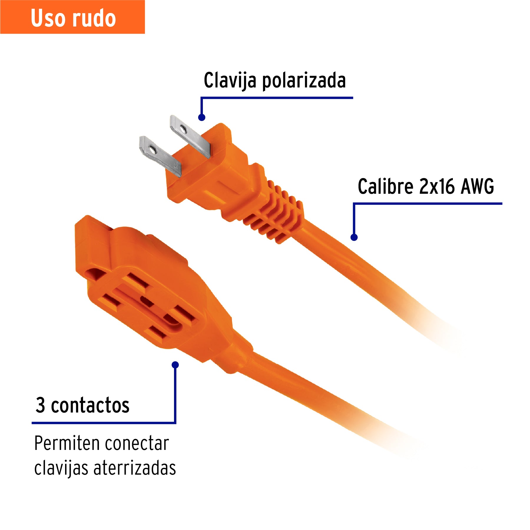 Extensión eléctrica uso rudo, 10 m, calibre 16, Volteck