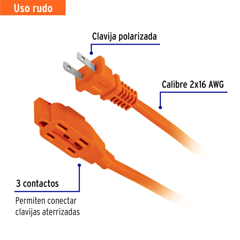 Extensión eléctrica uso rudo, 10 m, calibre 16, Volteck