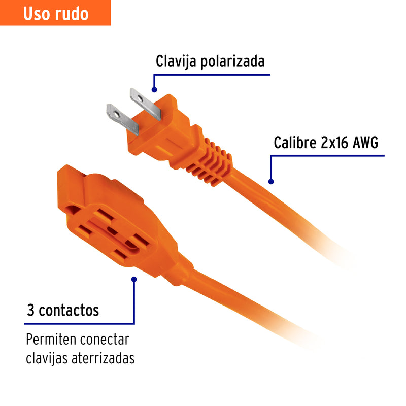Extensión eléctrica uso rudo, 12 m, calibre 16, Volteck