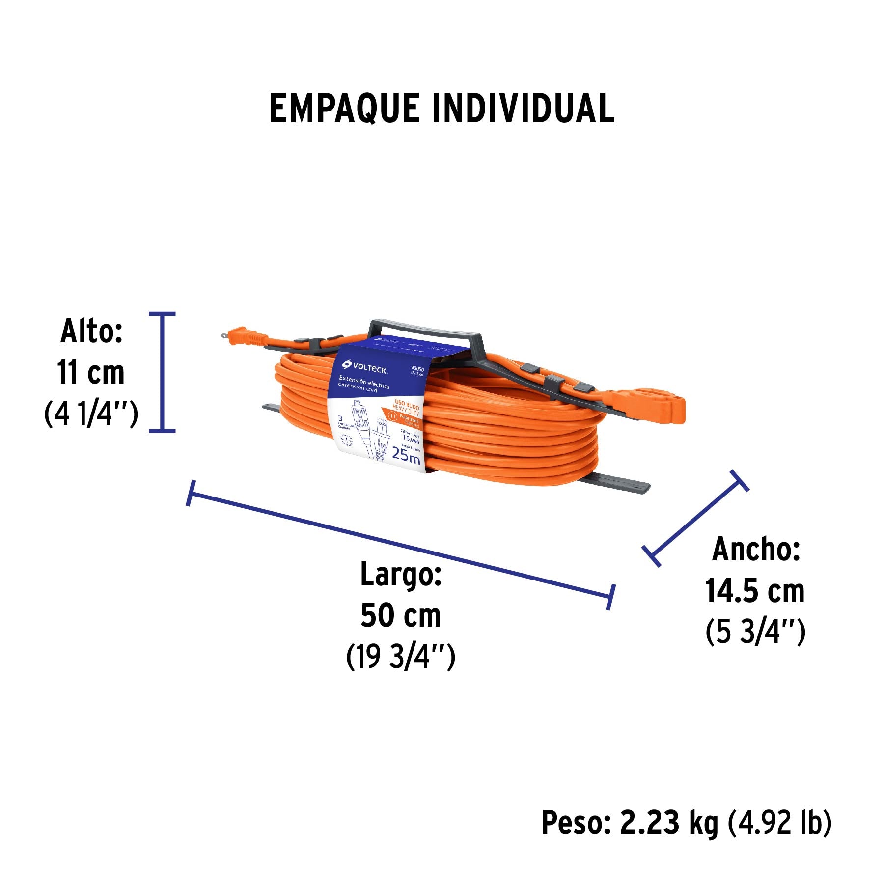Extensión eléctrica uso rudo, 25 m, calibre 16, Volteck