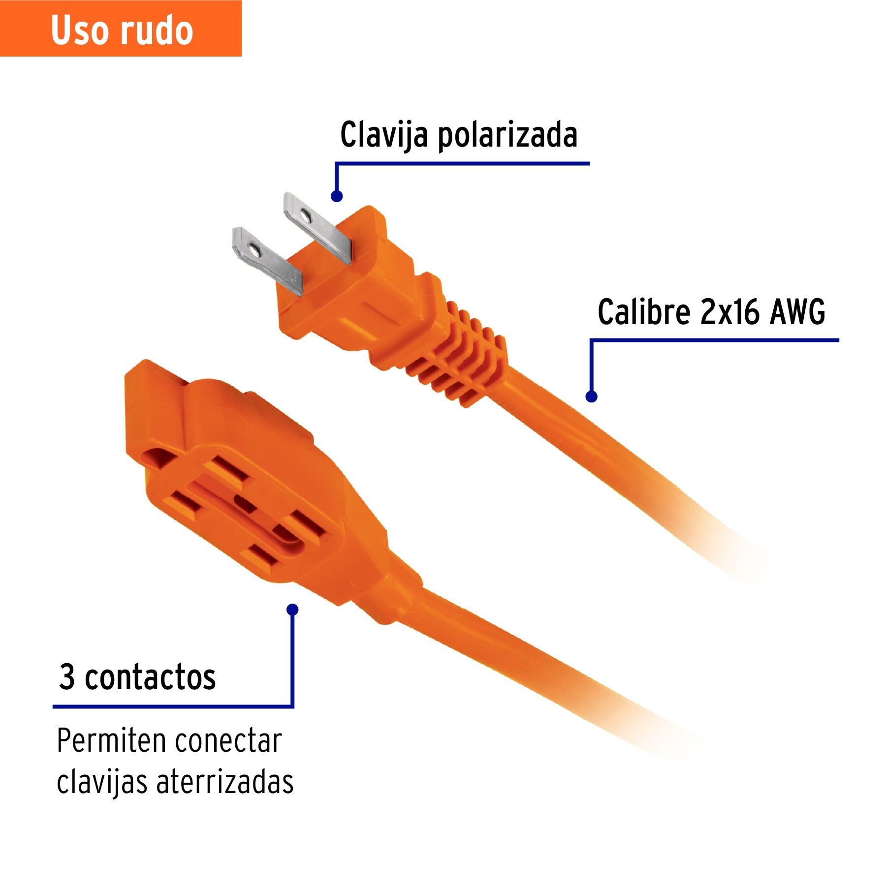 Extensión eléctrica uso rudo, 2 m, calibre 16, Volteck