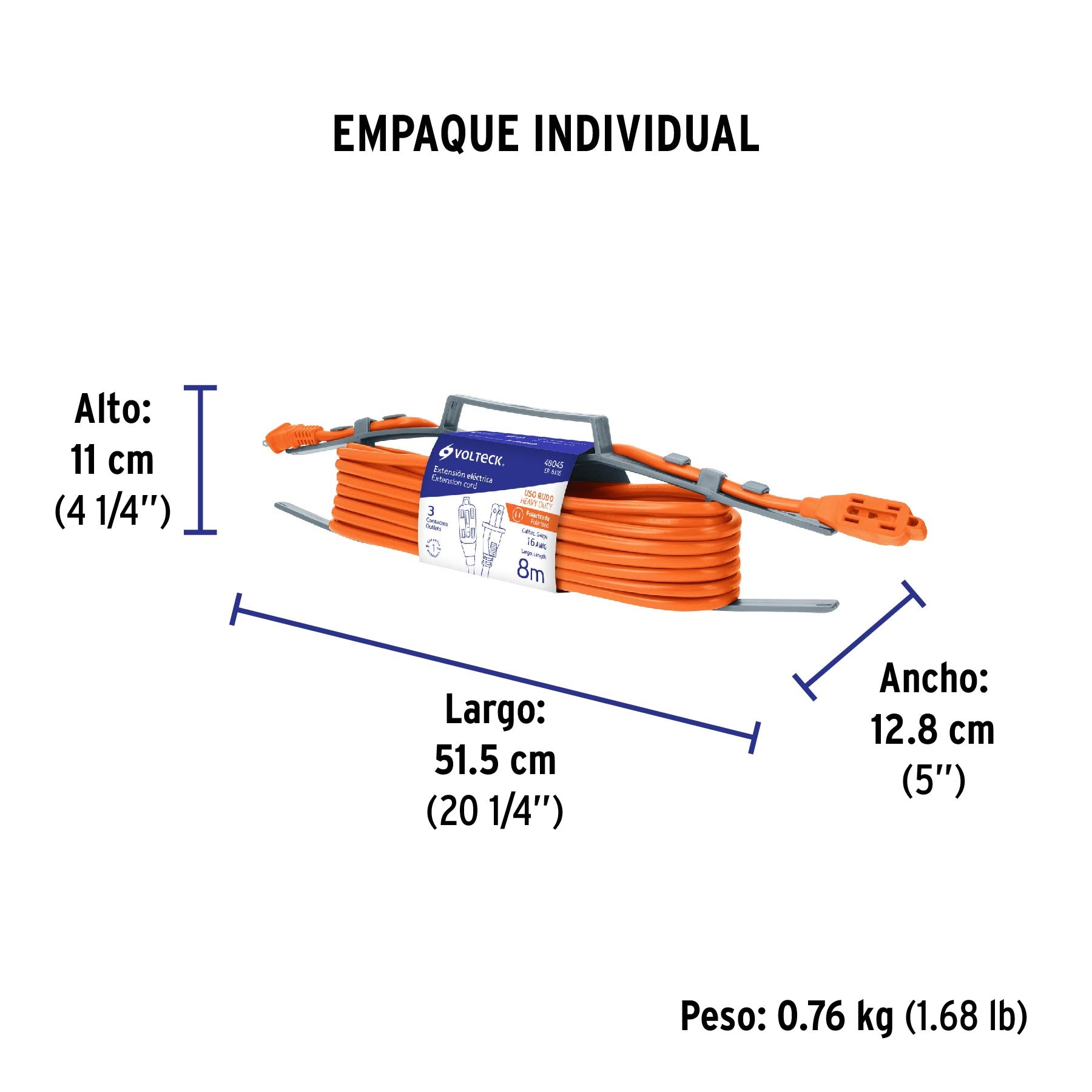 Extensión eléctrica uso rudo, 8 m, calibre 16, Volteck