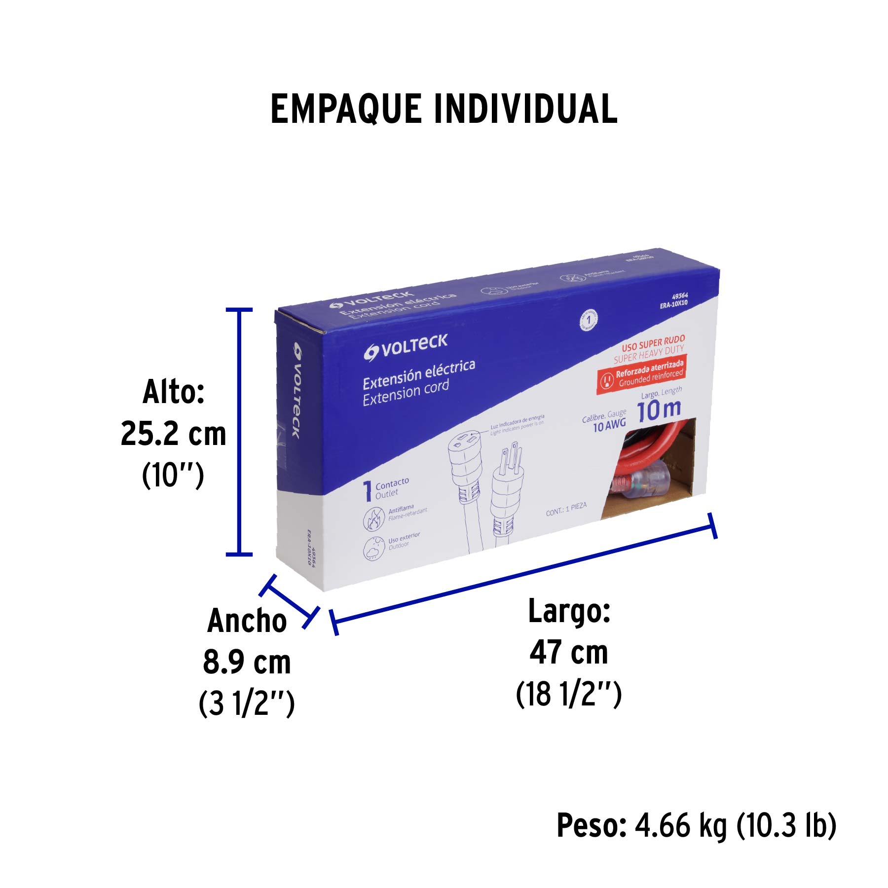 Extensión reforzada aterrizada 100% cobre, 10 m, calibre 10