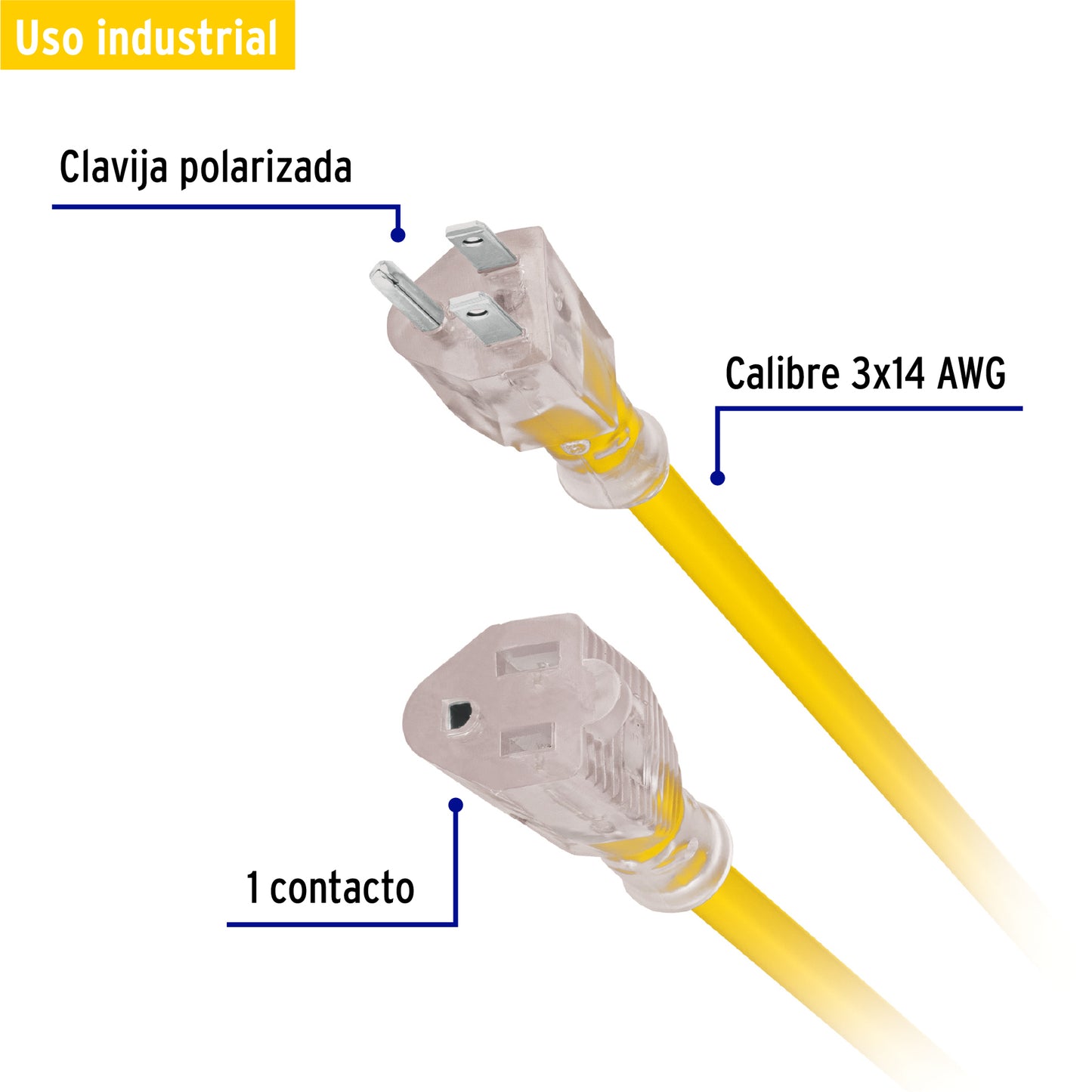 Extensión reforzada, aterrizada, 15 m, calibre 14, Volteck