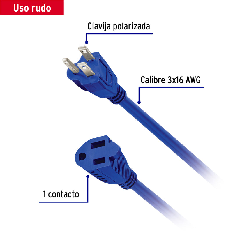 Extensión uso rudo, aterrizada, 15 m, calibre 16, Volteck