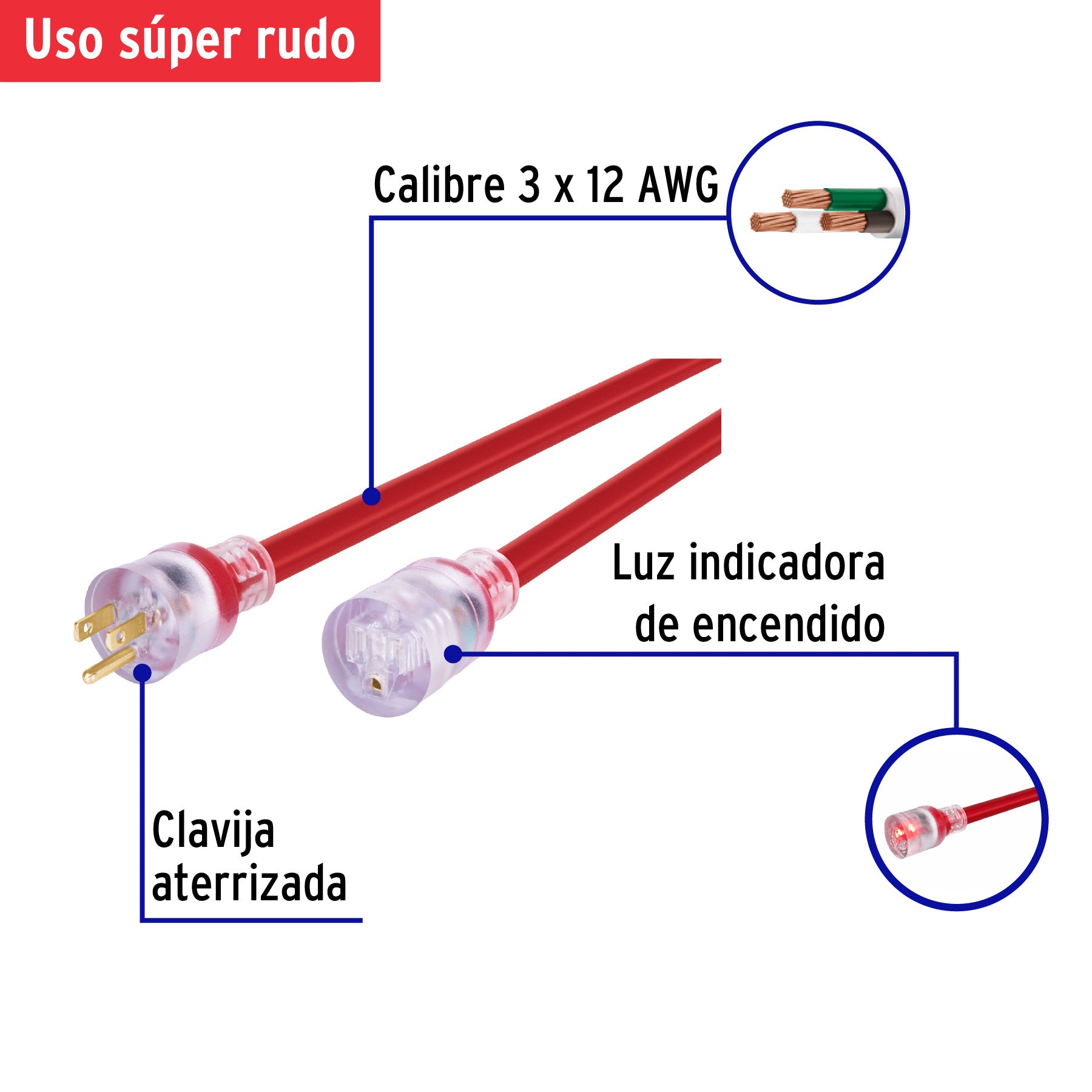 Extensión reforzada aterrizada 30 m 3x12 AWG, Volteck