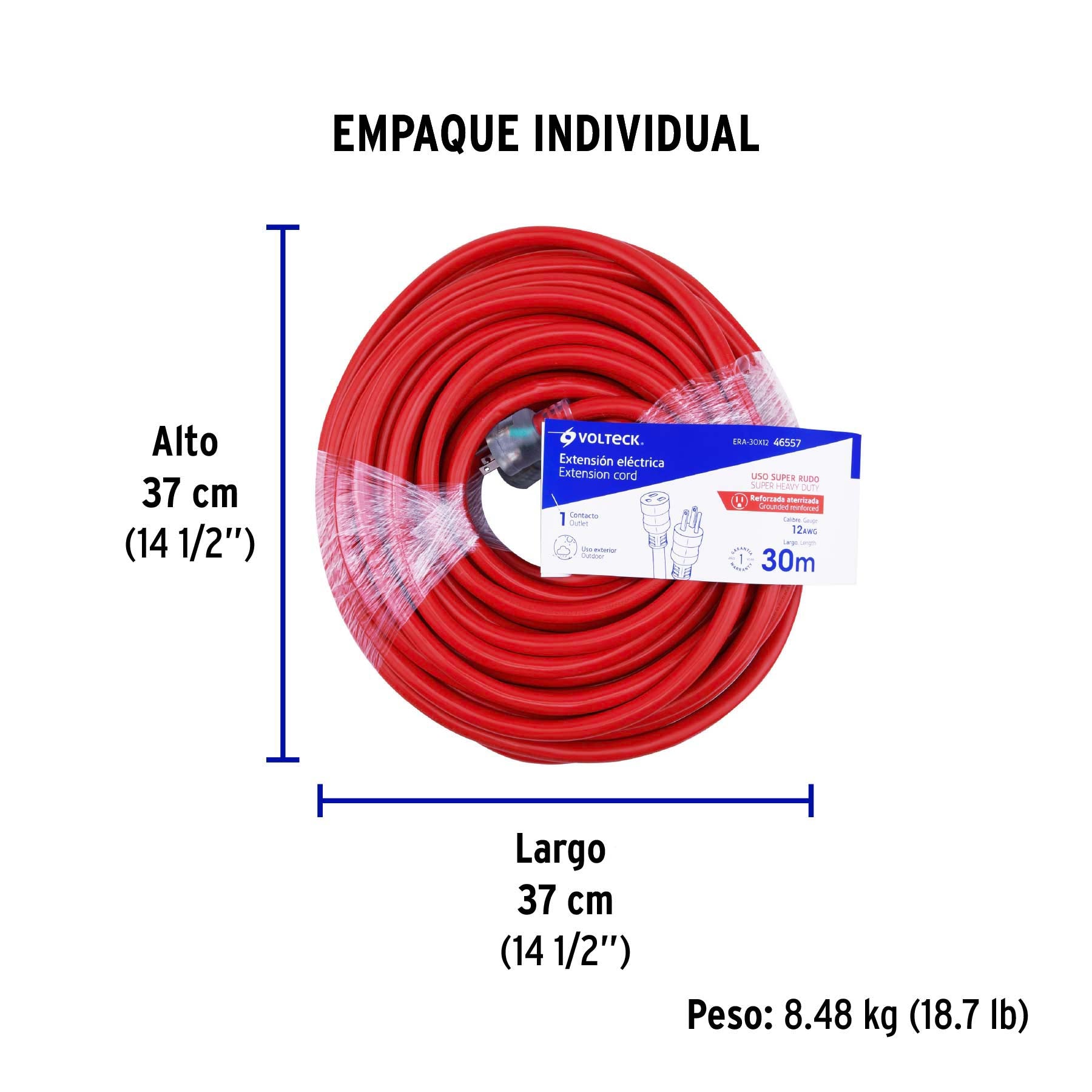 Extensión reforzada aterrizada 30 m 3x12 AWG, Volteck