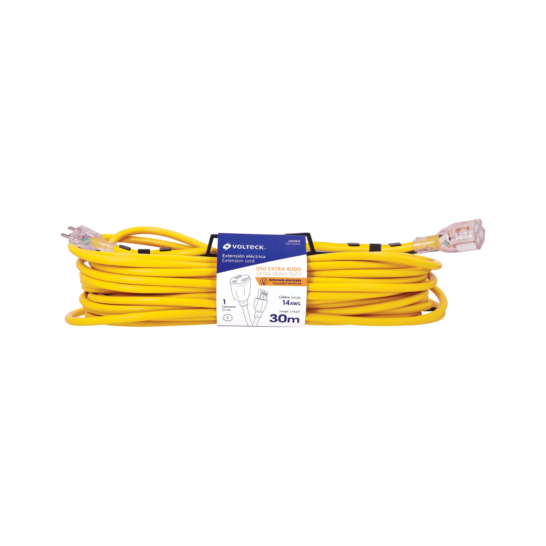 Extensión reforzada, aterrizada, 30 m, calibre 14, Volteck