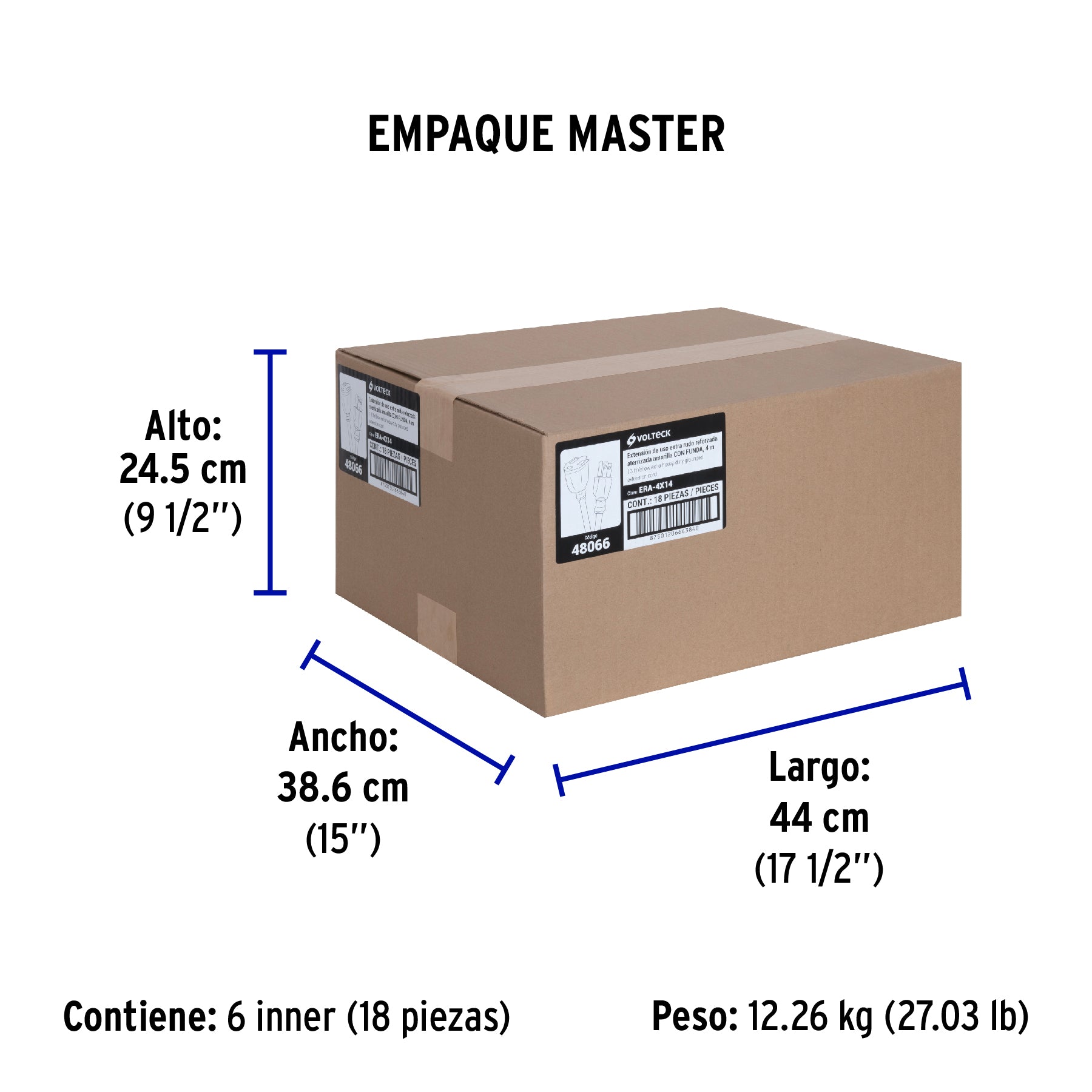 Extensión reforzada, aterrizada, 4 m, calibre 14, Volteck