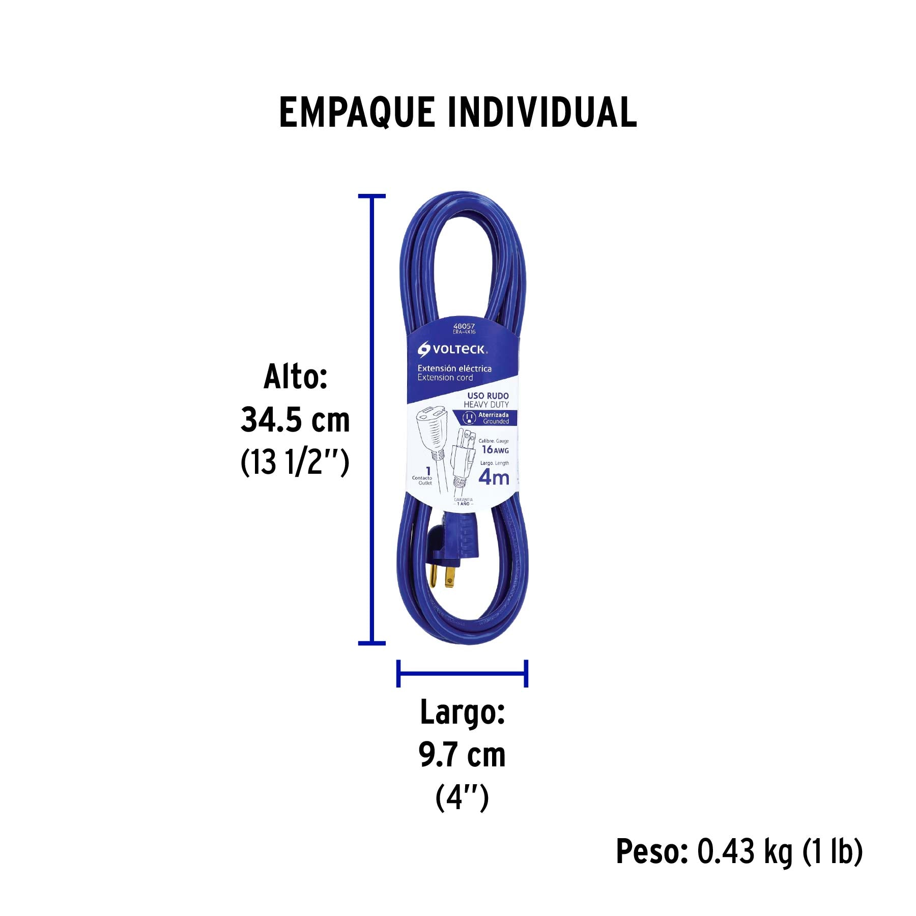 Extensión uso rudo, aterrizada, 4 m calibre 16, Volteck