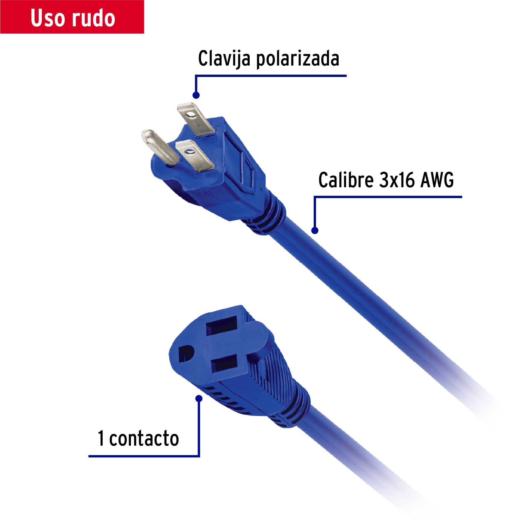 Extensión uso rudo, aterrizada, 4 m calibre 16, Volteck