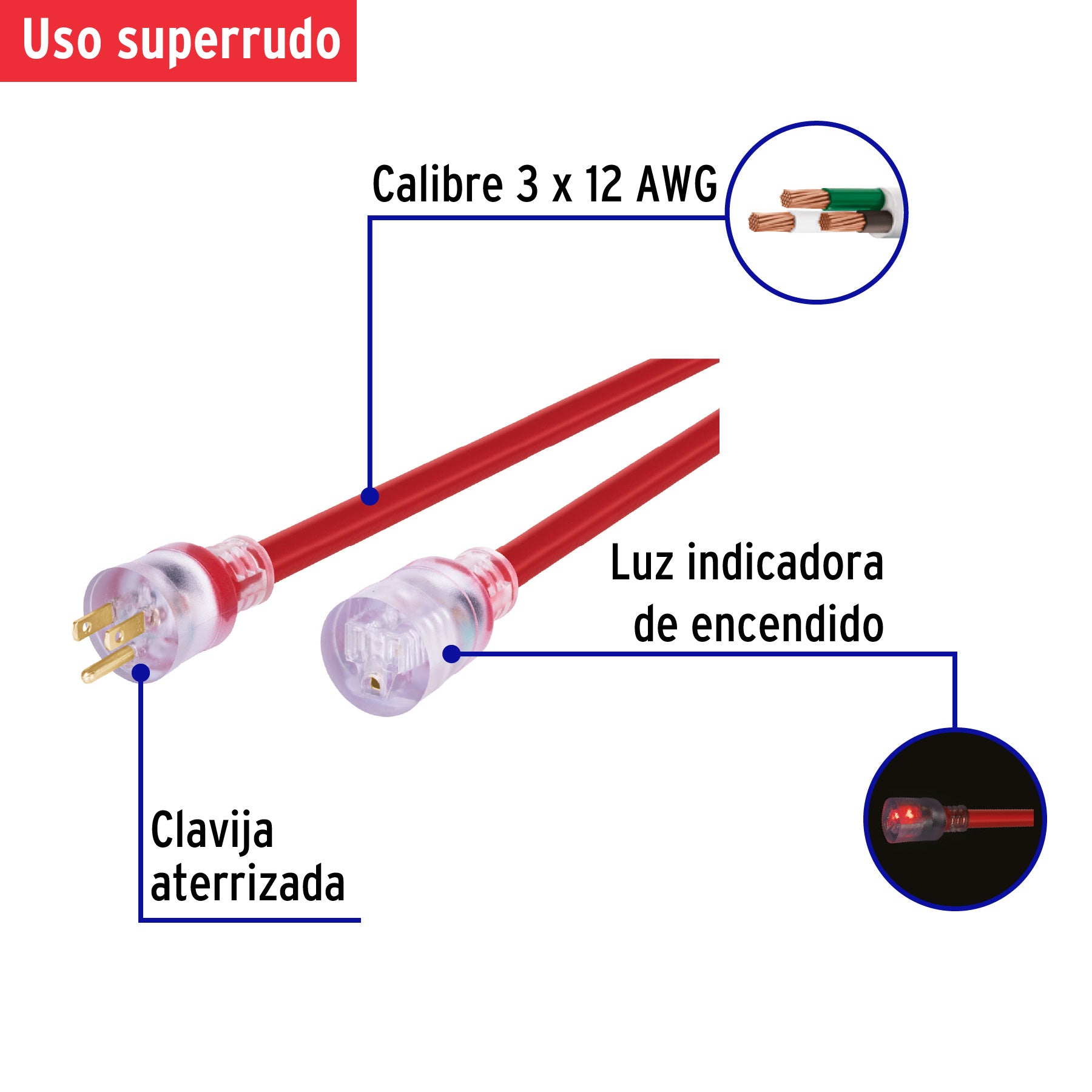 Extensión de uso súper rudo aterrizada 8 m. calibre 12
