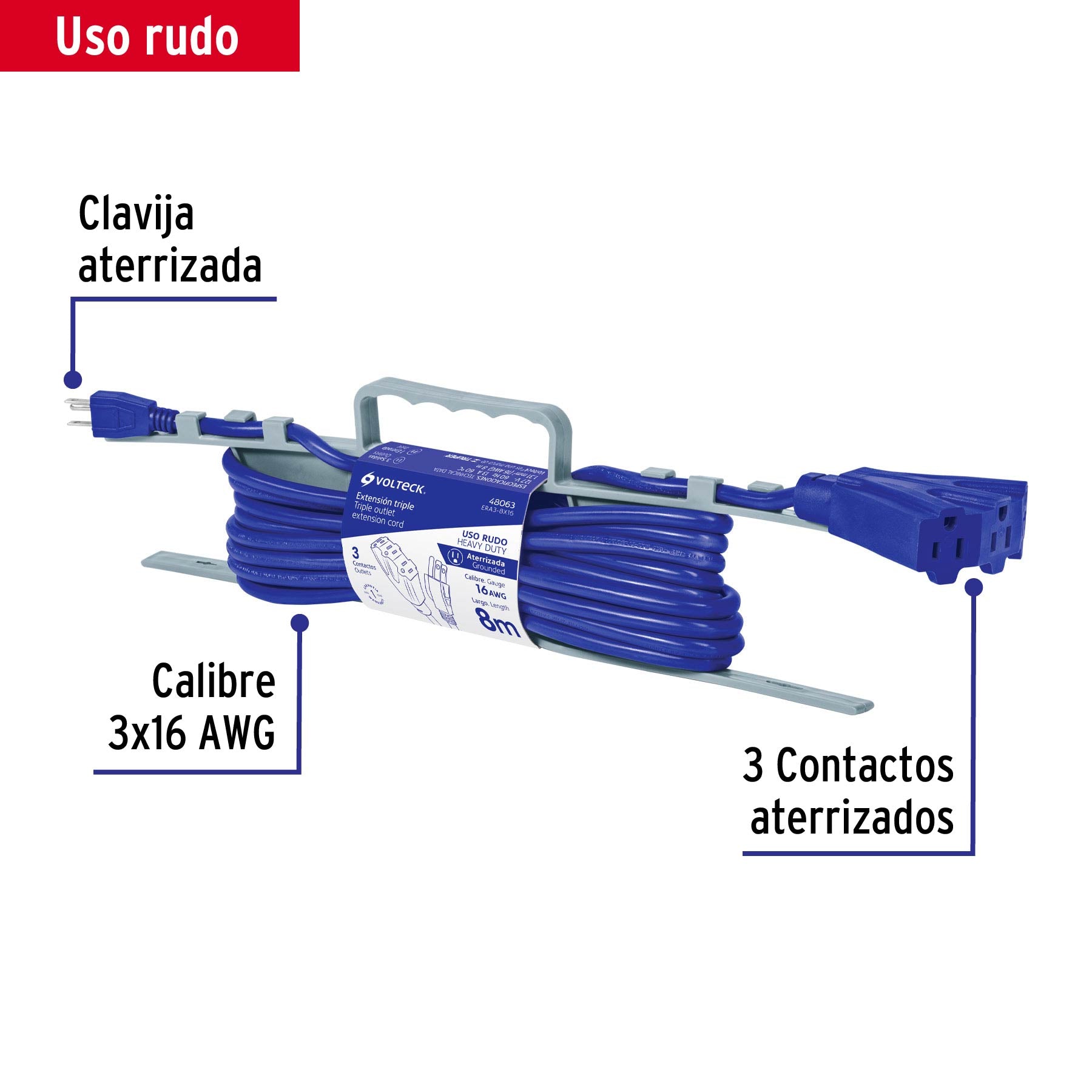 Extensión triple, uso rudo, aterrizada 6 m, calibre 16