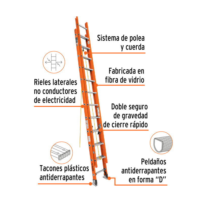 Escalera de extensión, tipo II, 24 peldaños, fibra de vidrio