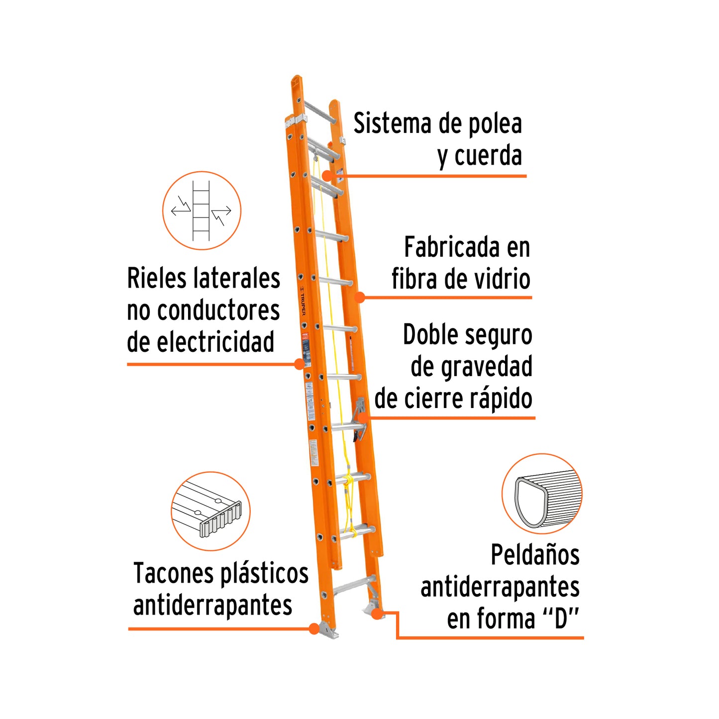 Escalera de extensión, tipo II, 28 peldaños, fibra de vidrio