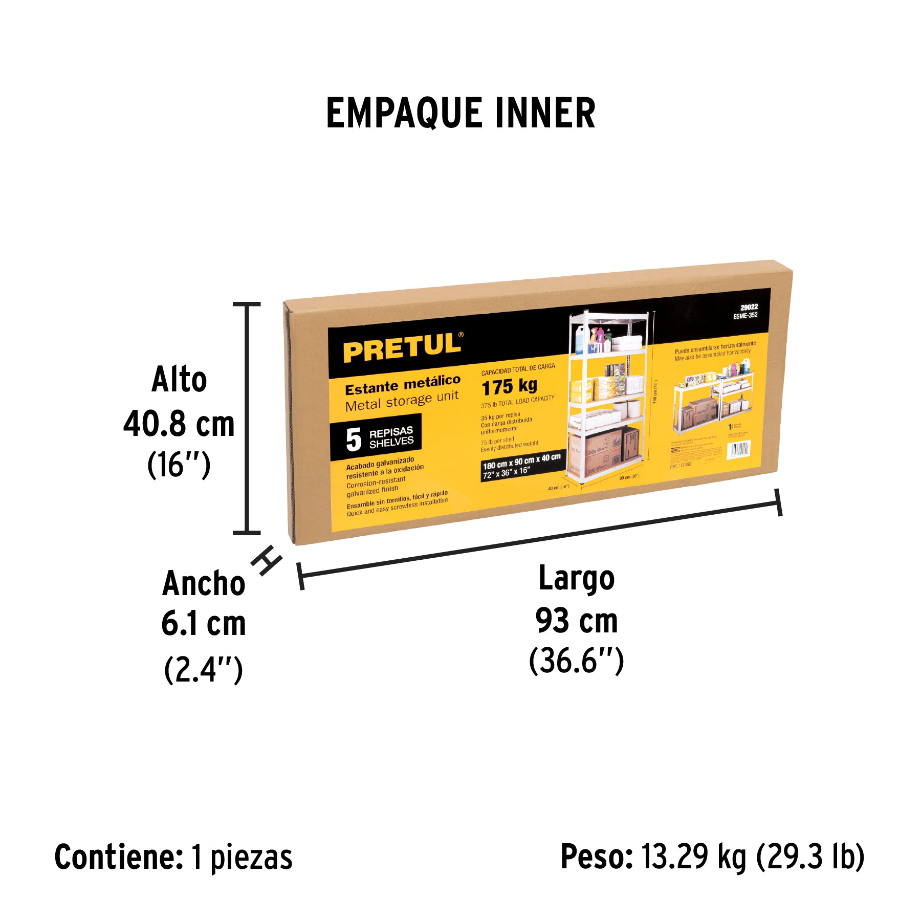 Estante metálico 5 repisas MDF cap. 35 kg, 180x40x90, Pretul