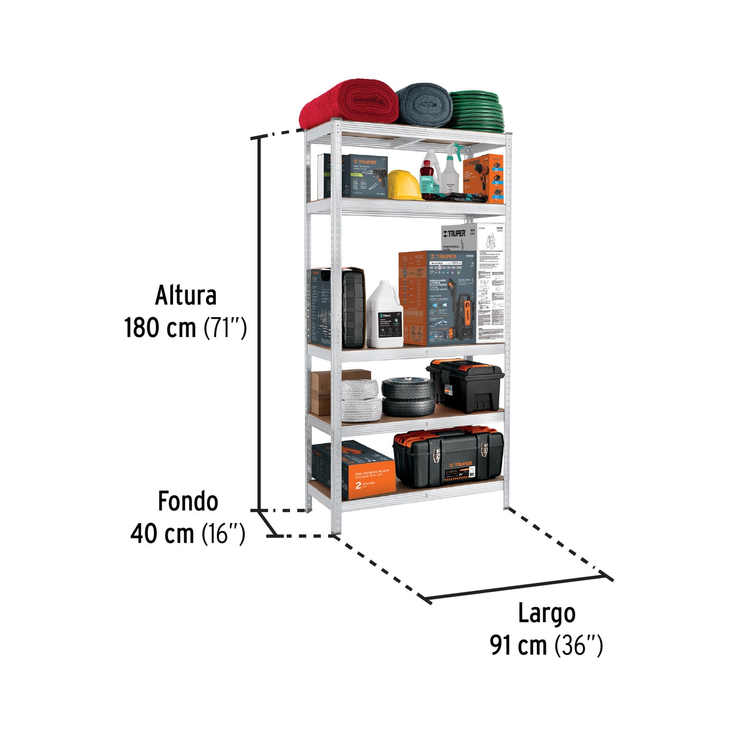 Estante metálico 5 repisas MDF cap. 35 kg, 180x40x90, Pretul