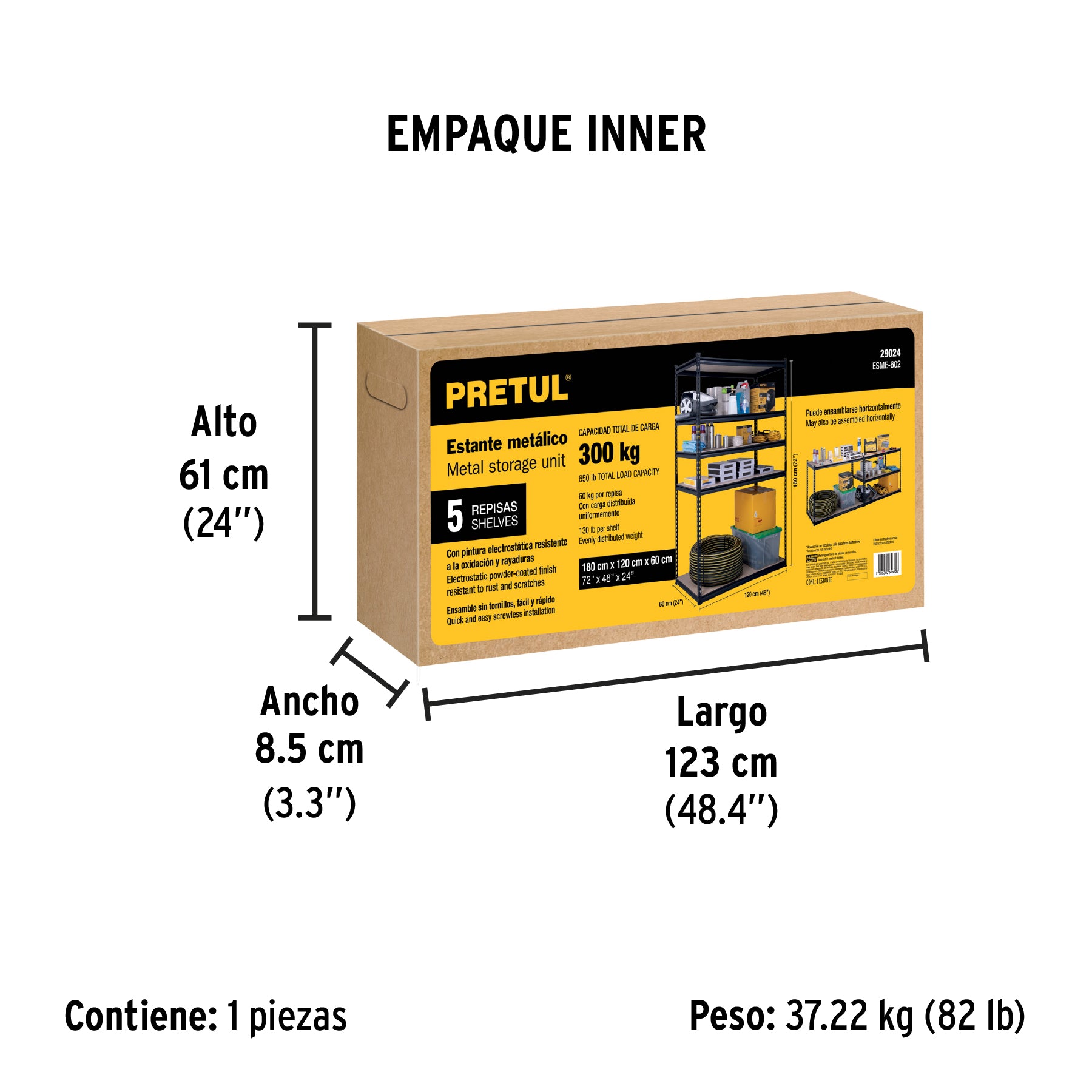 Estante metálico 5 repisas MDF cap. 60 Kg 183x61x122, Pretul