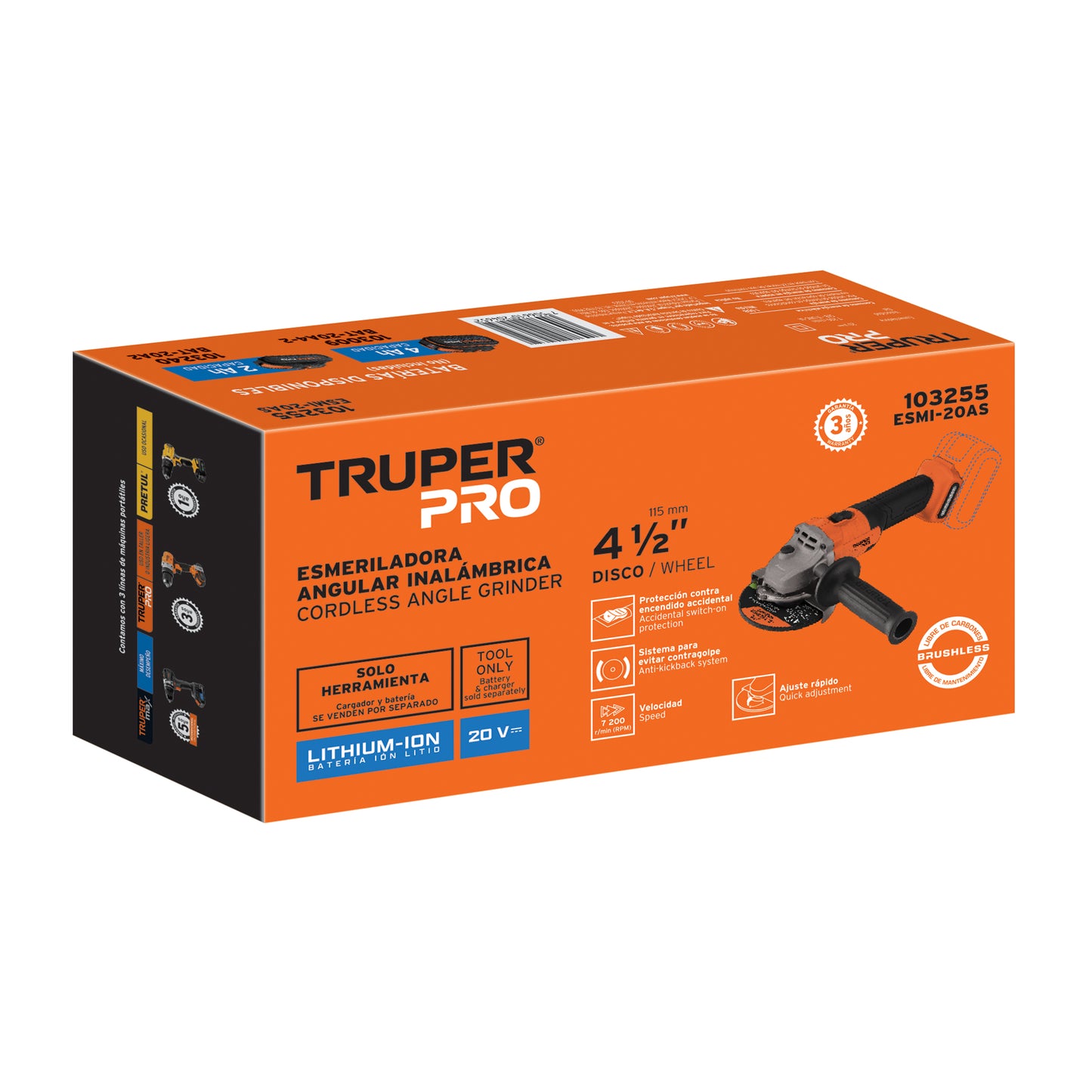 Esmeriladora angular inal. 4-1/2', 20V, s/accesorios, PRO