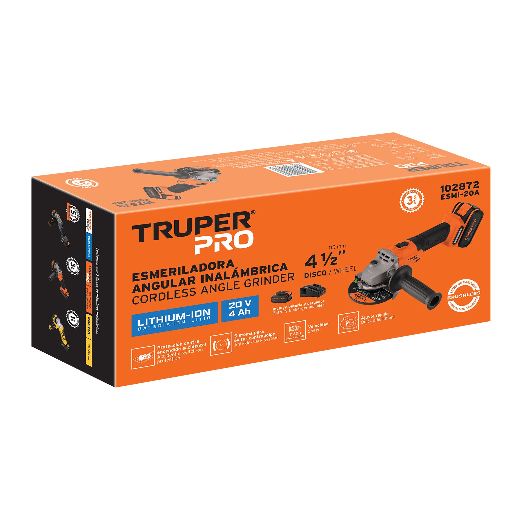 Esmeriladora angular inal. 4-1/2' 20V, 1 bat. 4Ah,1 carg,PRO