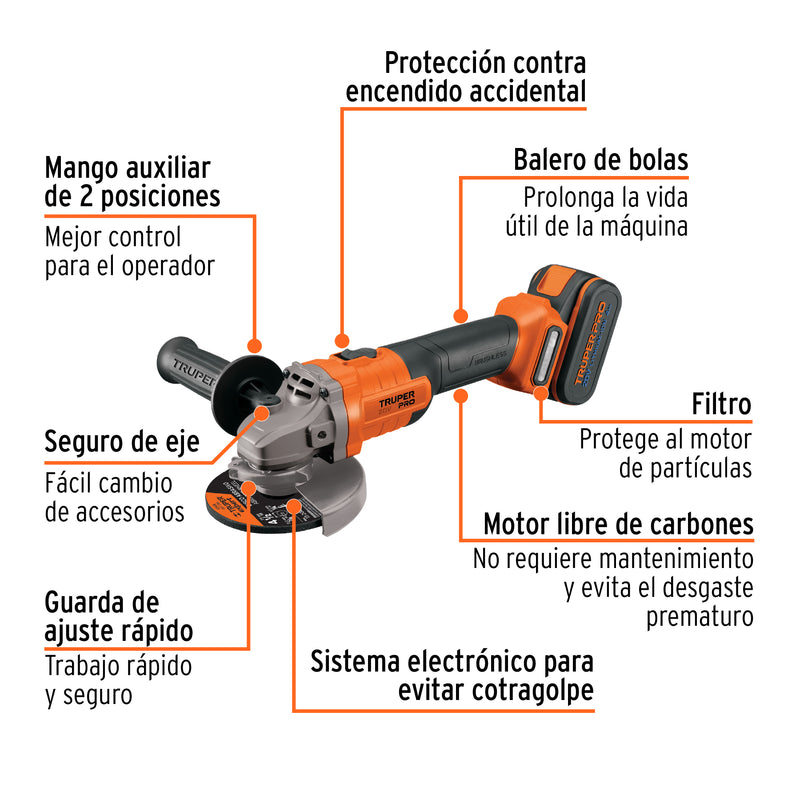 Esmeriladora angular inal. 4-1/2' 20V, 1 bat. 4Ah,1 carg,PRO