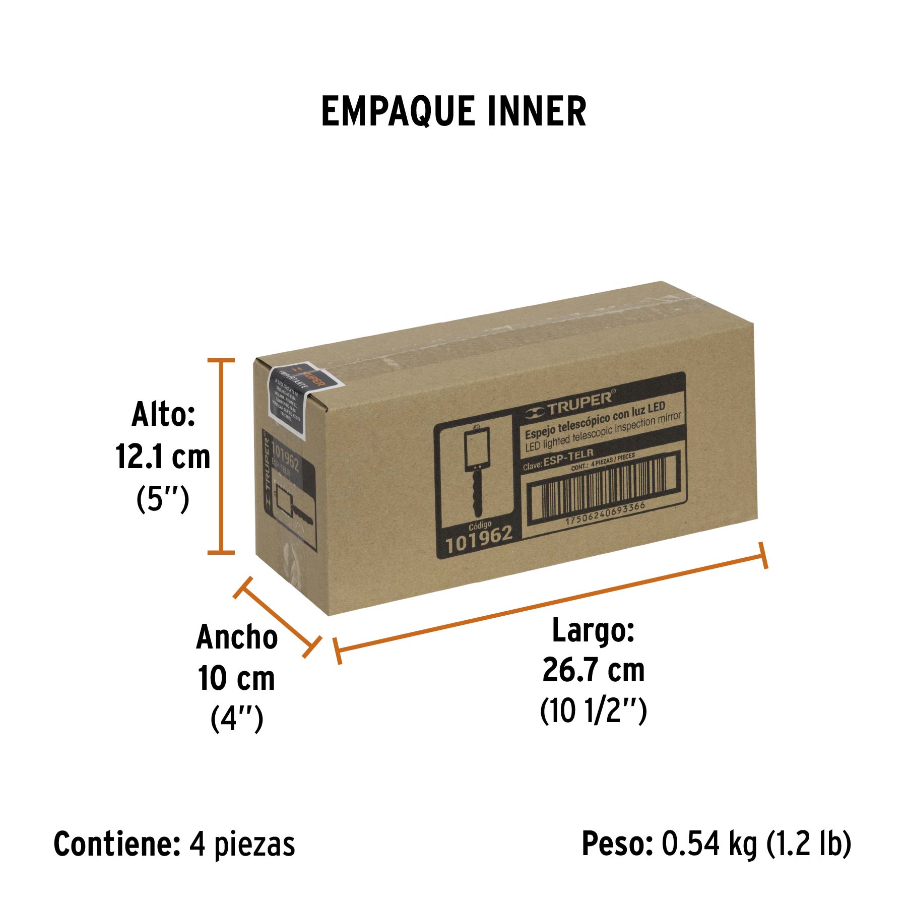 Espejo rectangular telescópico de inspección c/luz LED,5x9cm