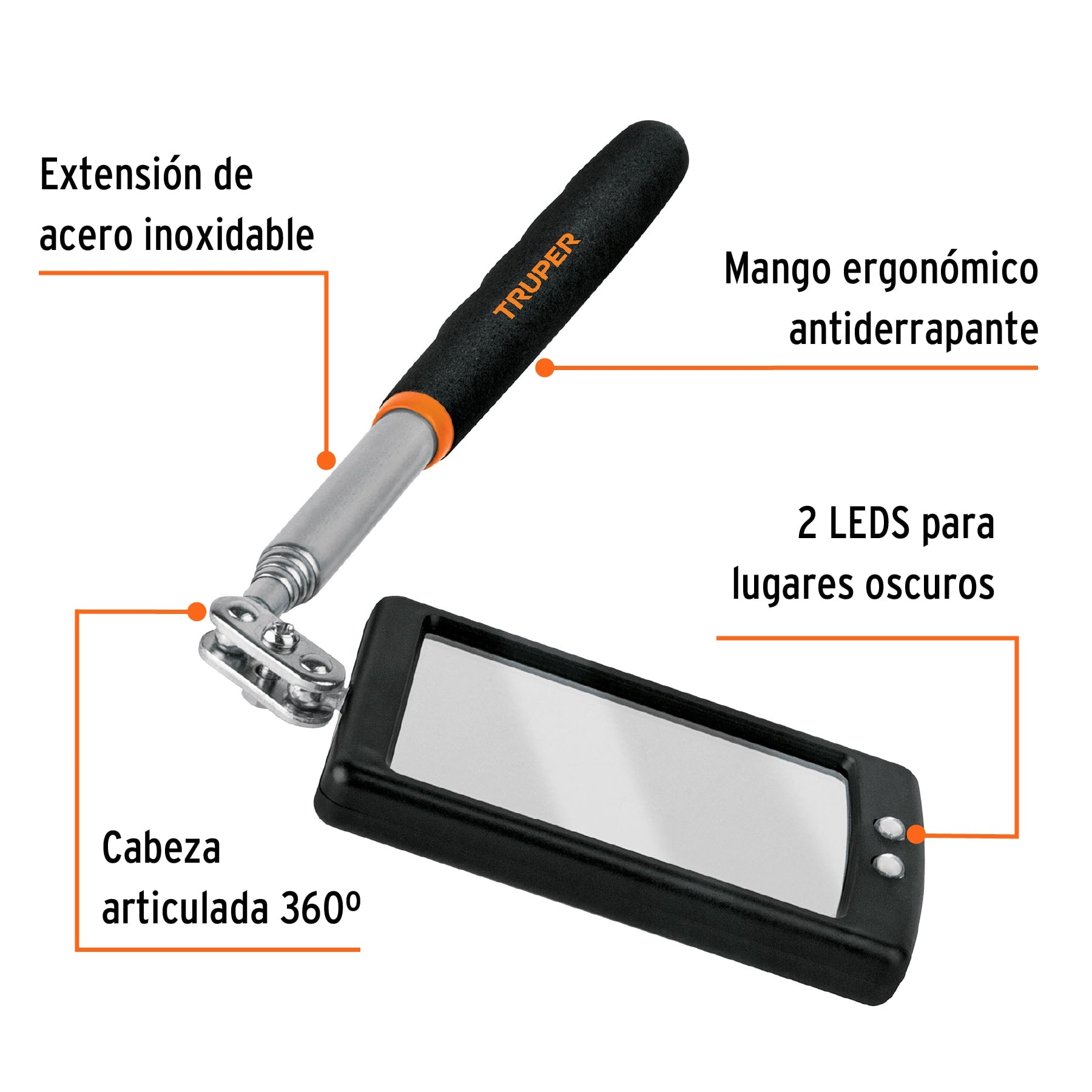 Espejo rectangular telescópico de inspección c/luz LED,5x9cm