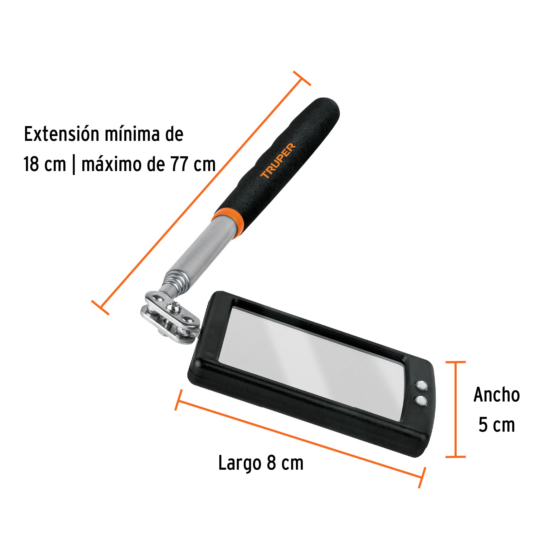 Espejo rectangular telescópico de inspección c/luz LED,5x9cm