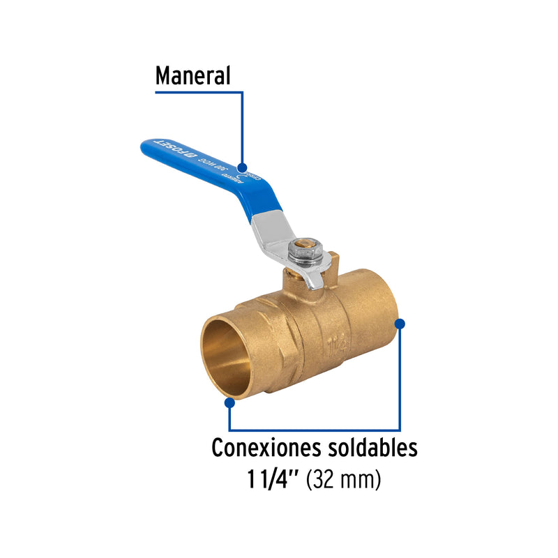 Válvula de esfera, de latón, soldable 1-1/4"