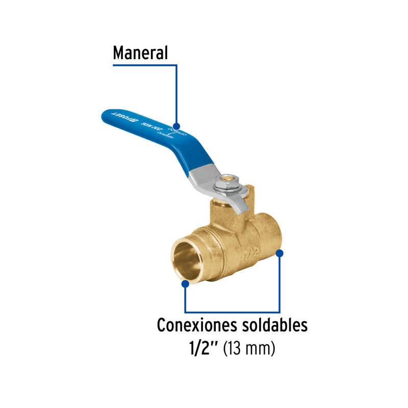Válvula de esfera, de latón, soldable 1/2"
