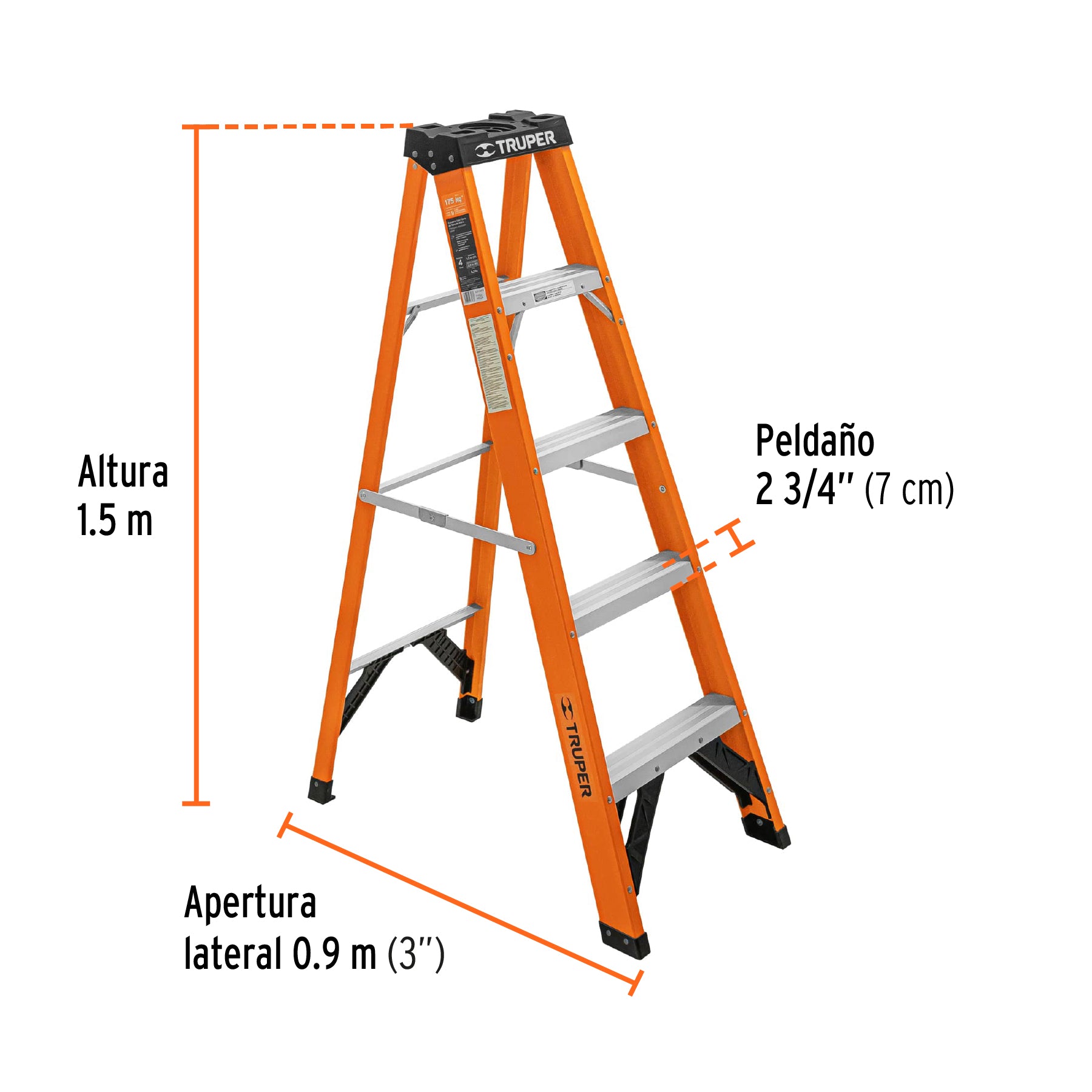 Escalera de tijera, tipo ll, 4 peldaños, fibra de vidrio