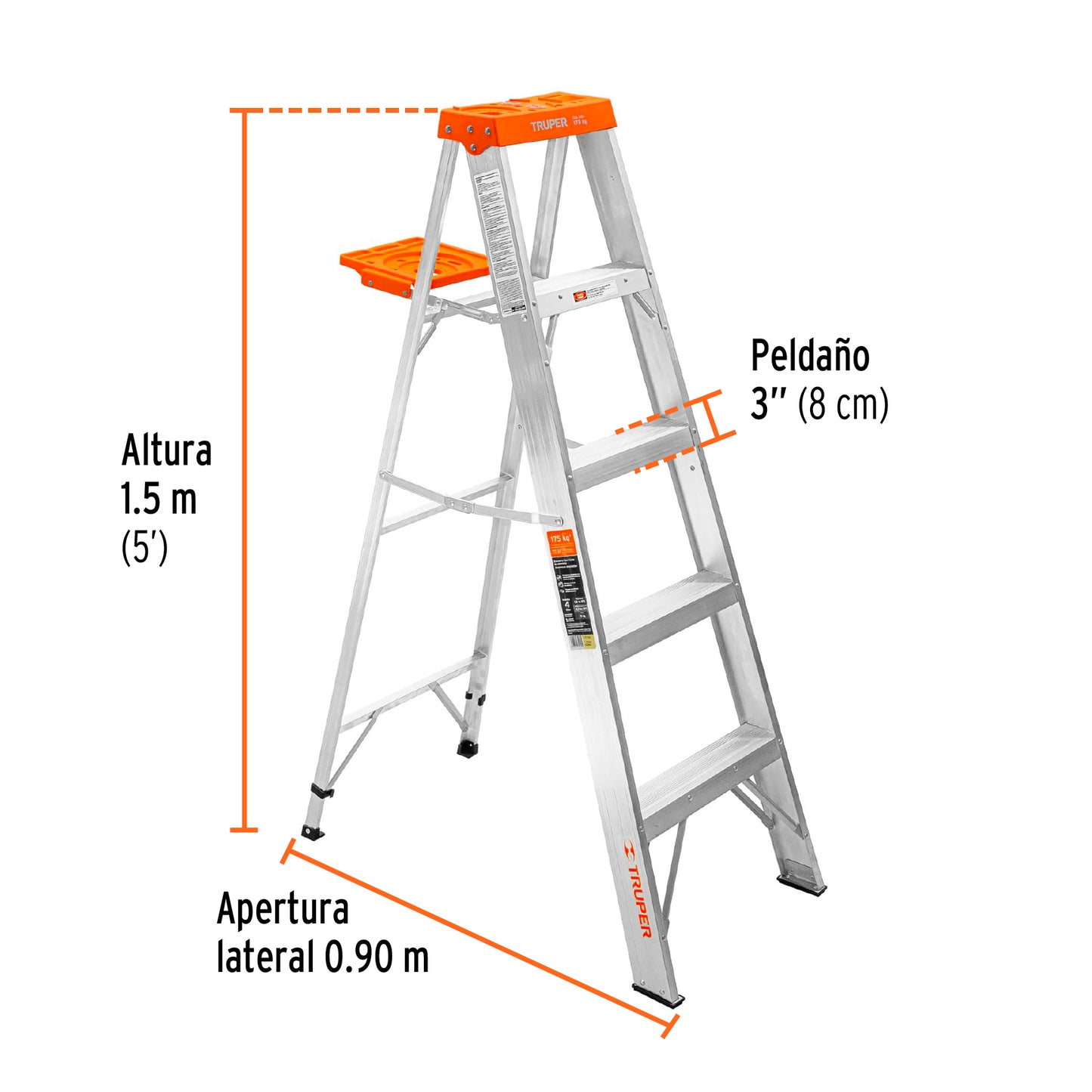 Escalera de tijera, tipo ll, 4 escalones y bandeja