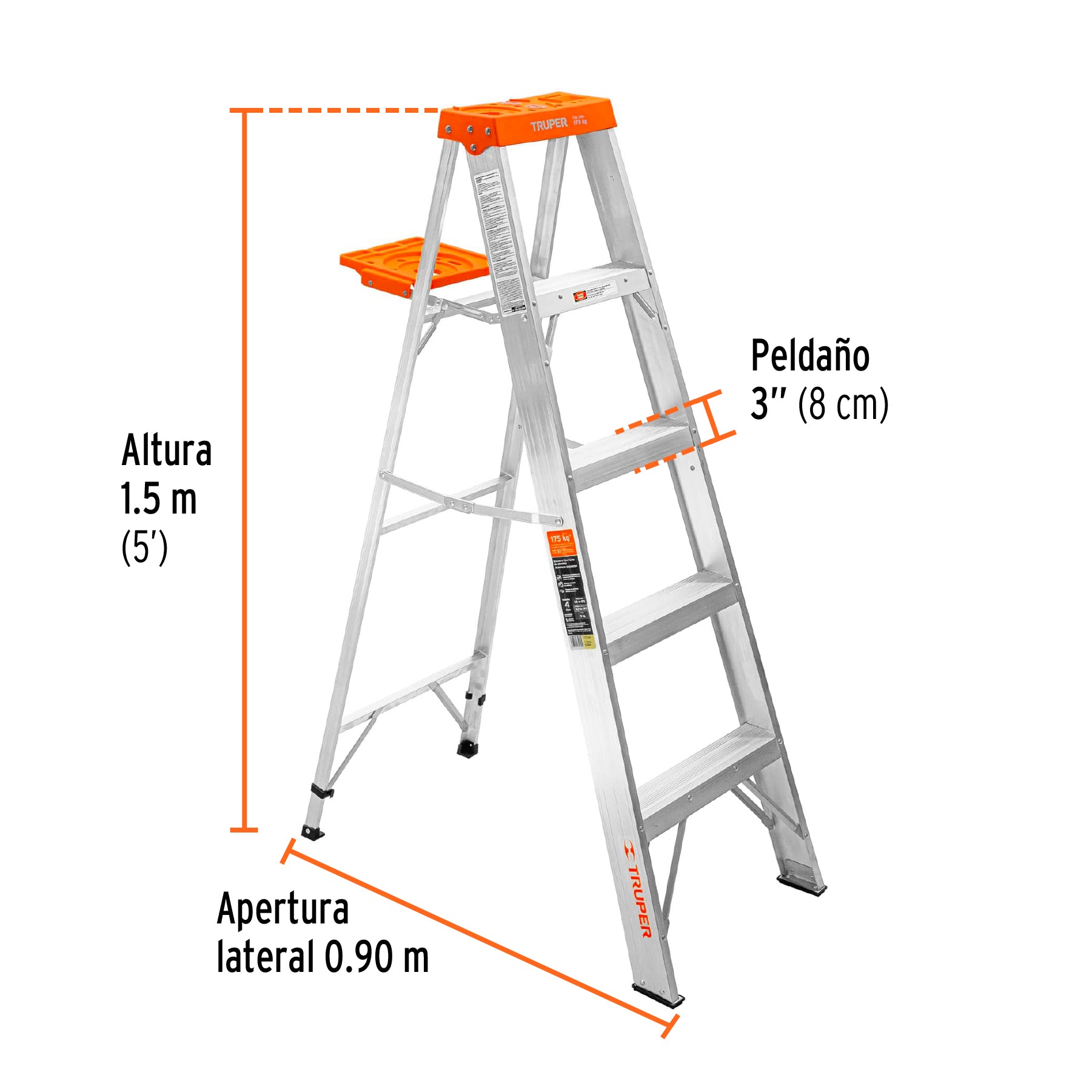 Escalera de tijera, tipo ll, 4 escalones y bandeja