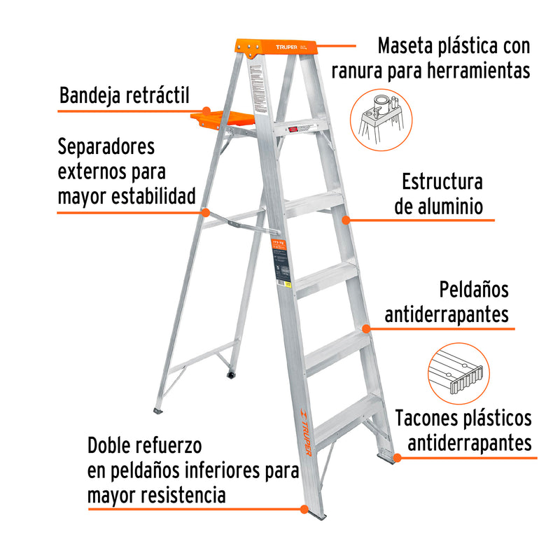 Escalera de tijera, tipo ll, 5 escalones y bandeja